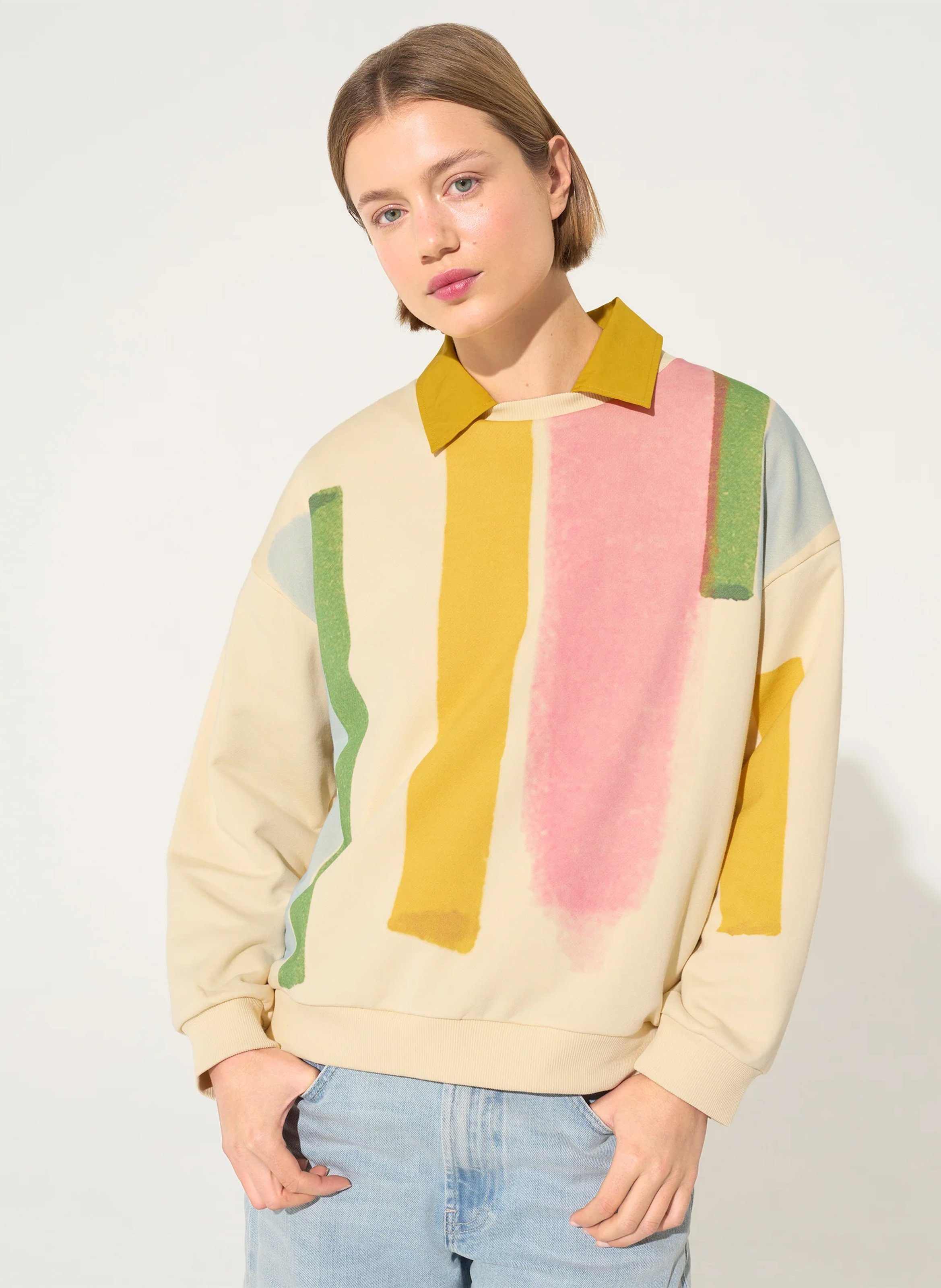 Sweat ample col rond imprimé en coton bio ACOTE Blanc