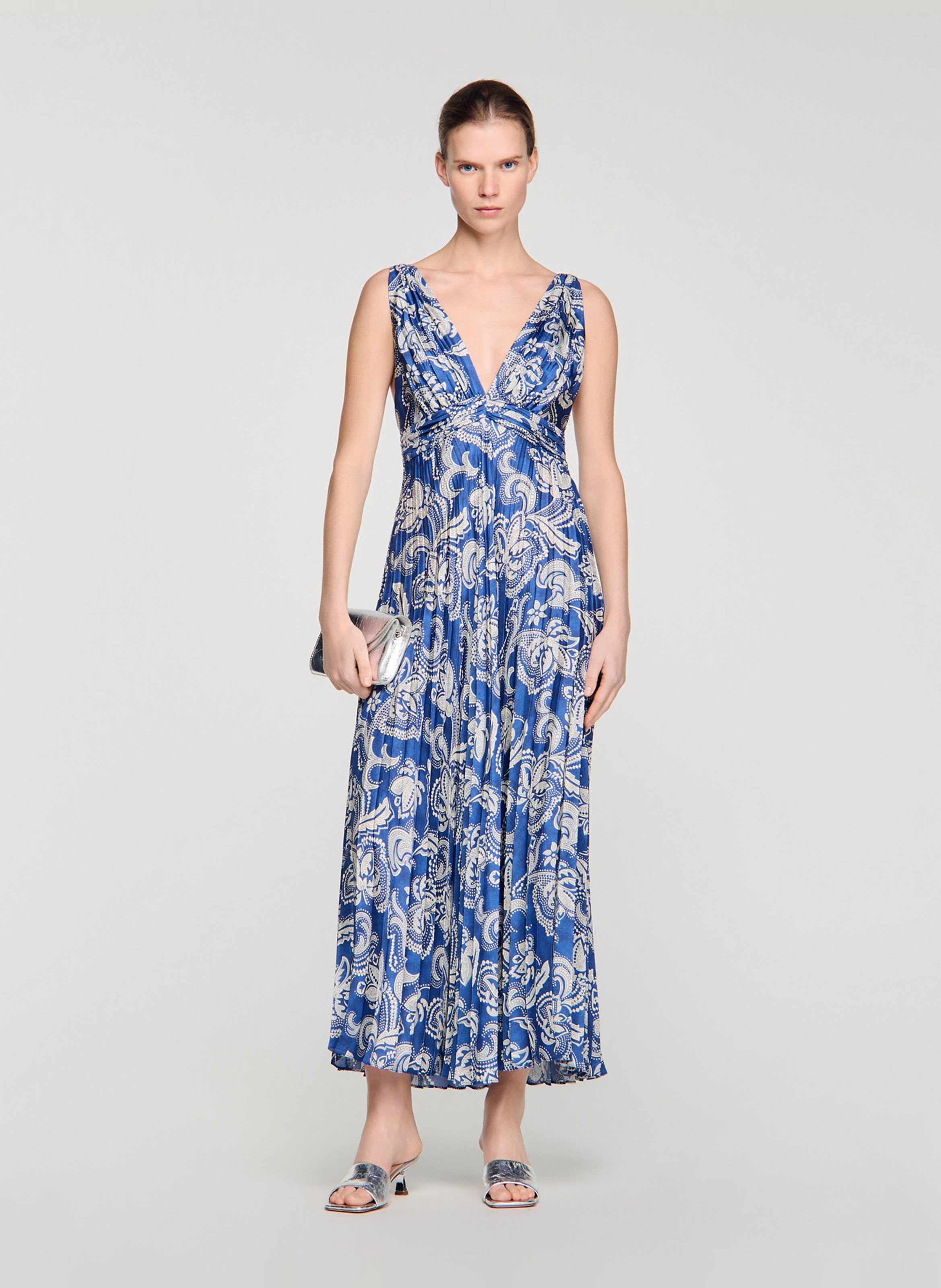 Robe longue plissée à imprimé SANDRO Bleu