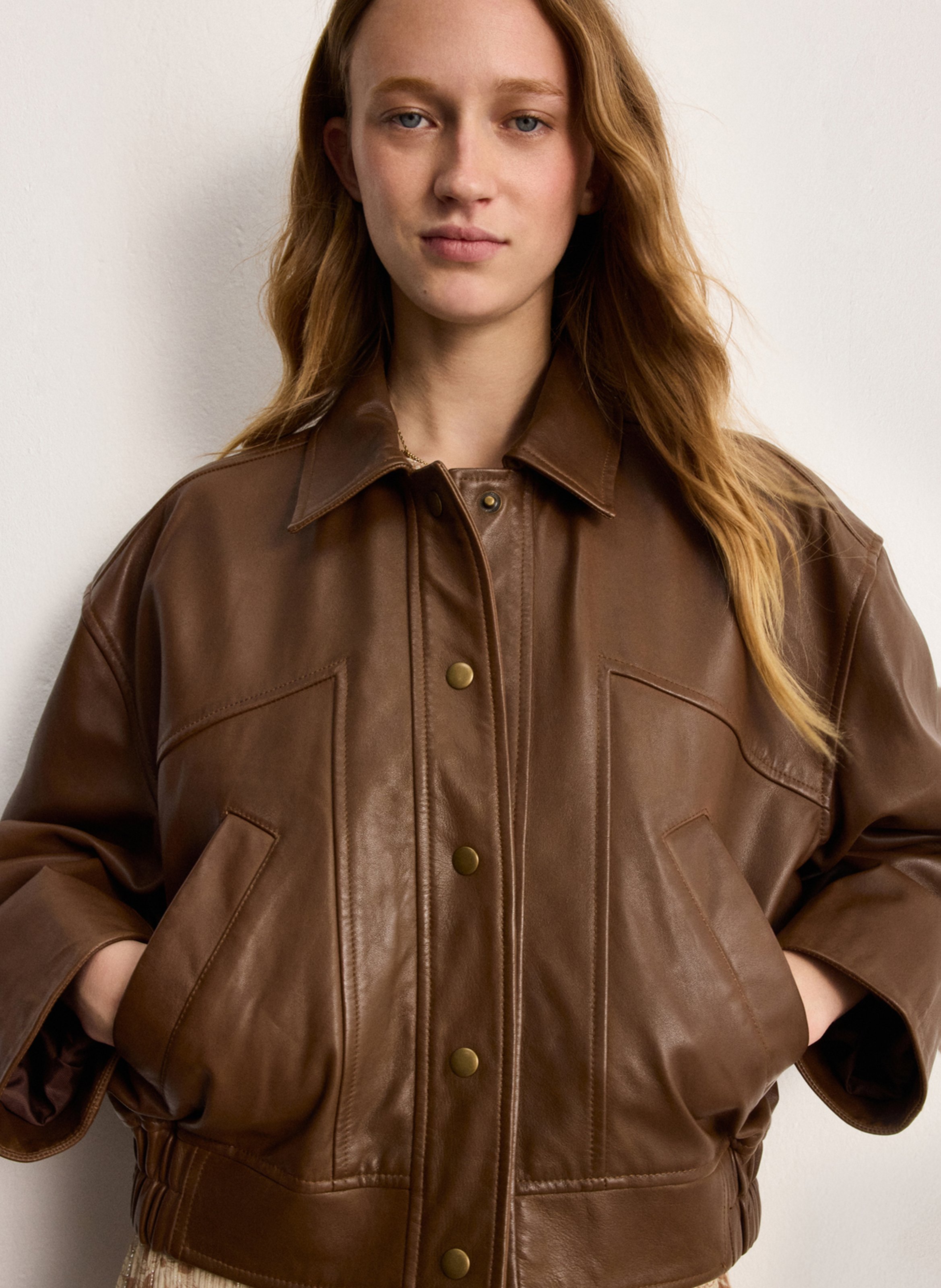 Straight leather jacket with classic collar PABLO Brown