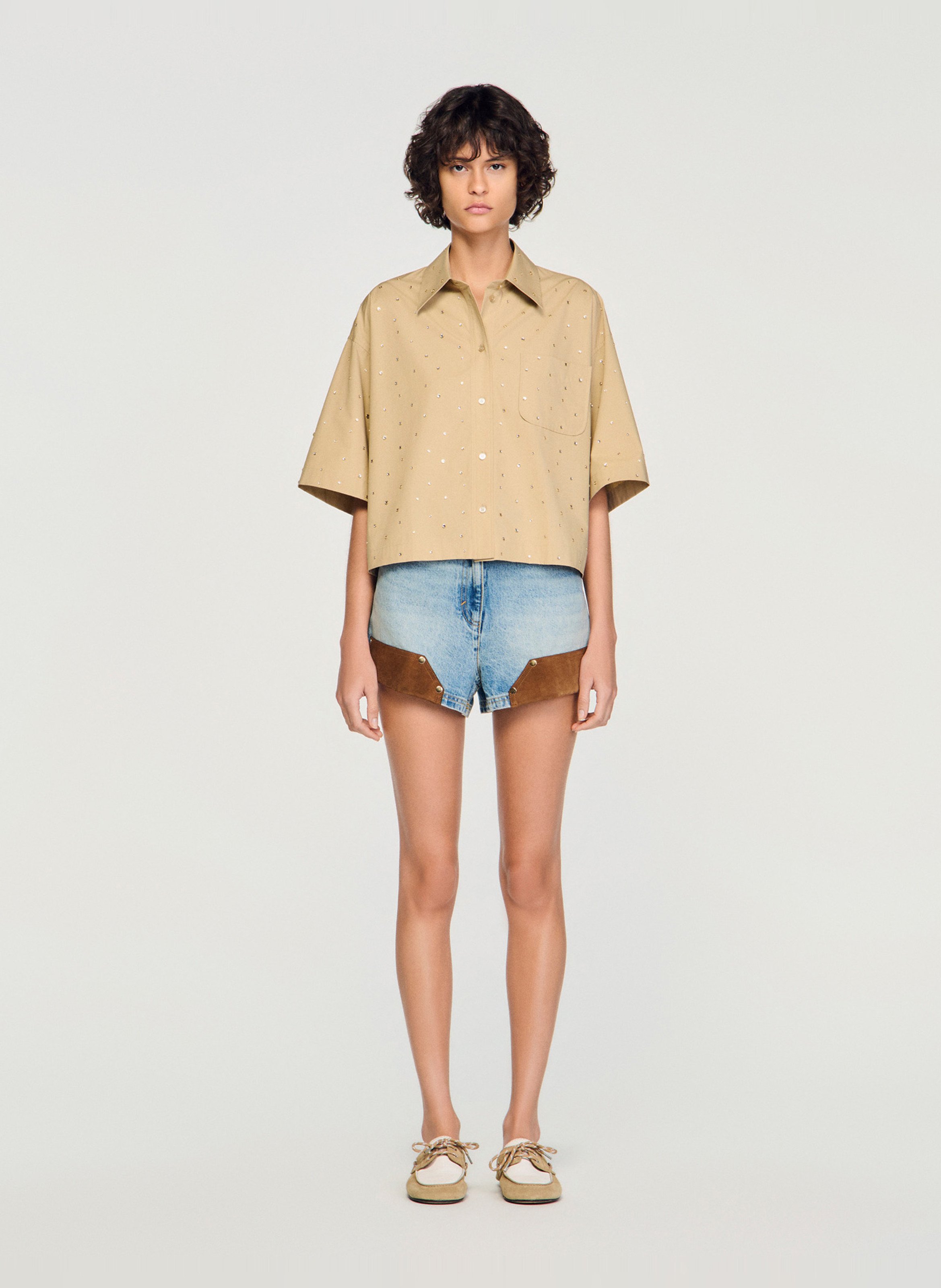 Wijdvallende korte blouse met strass SANDRO Beige
