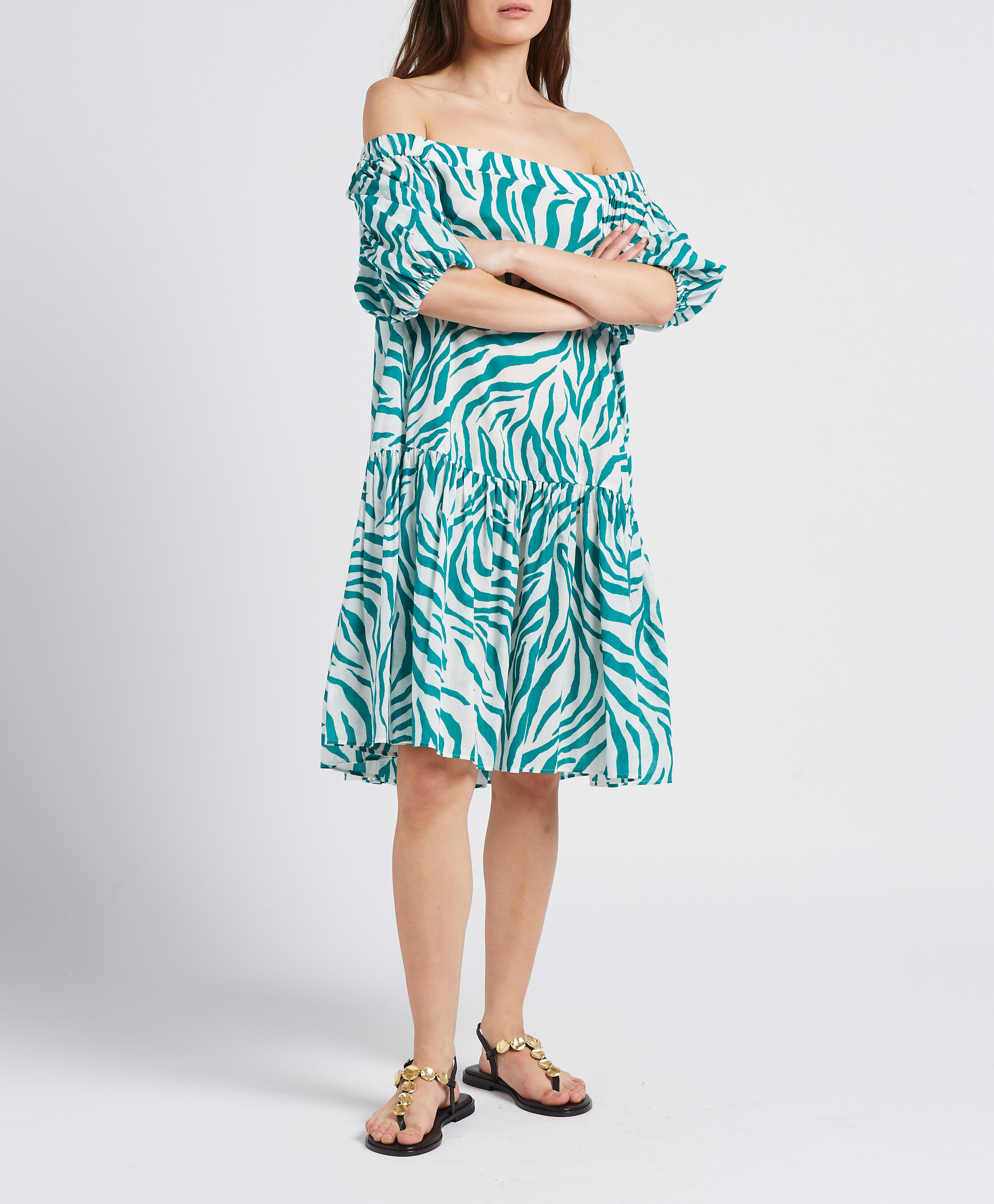 Short printed cotton dress with Bardot neckline MAX MARA LEISURE Green