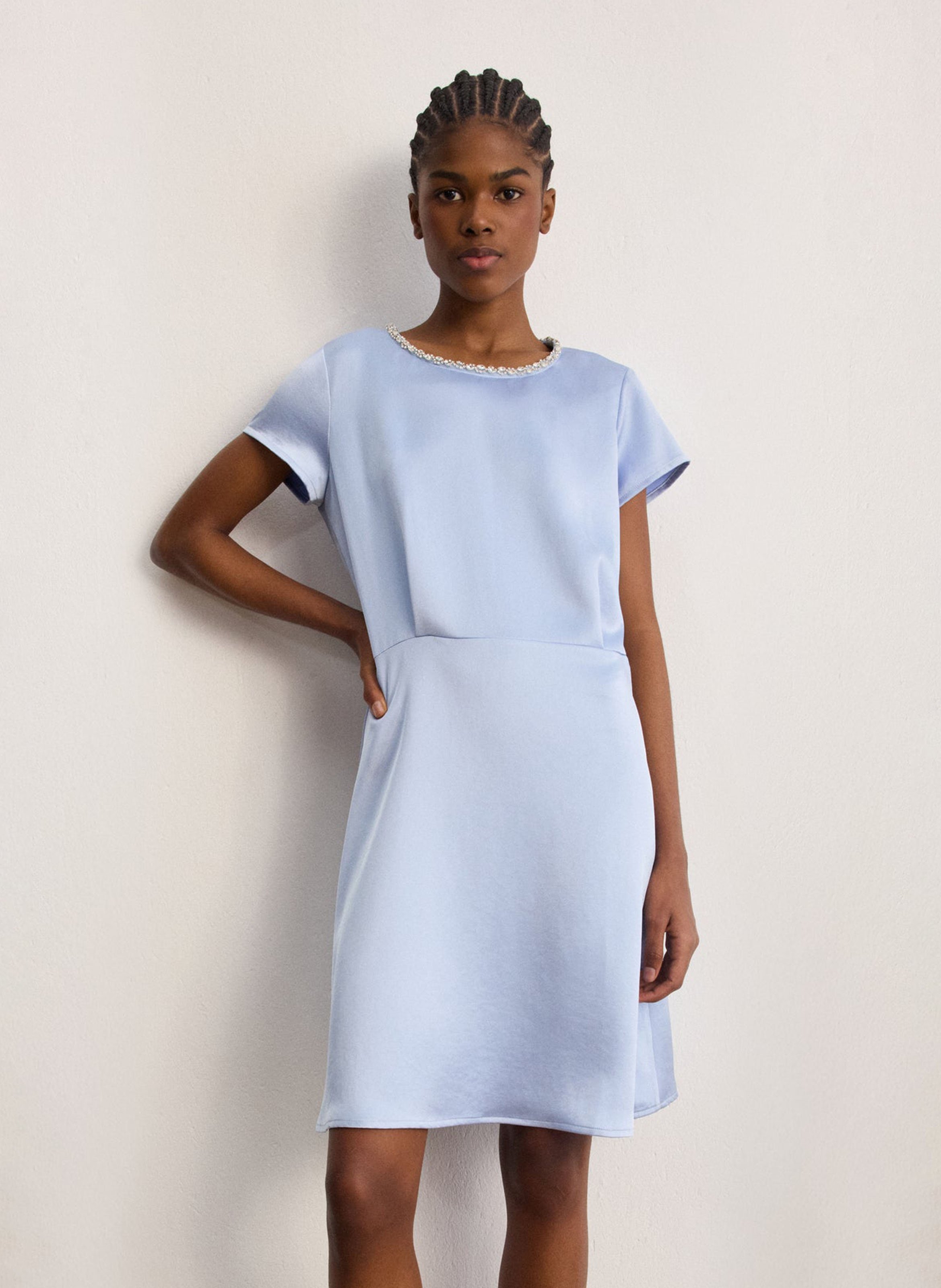 Short dress with rhinestone collar in satin PABLO Blue