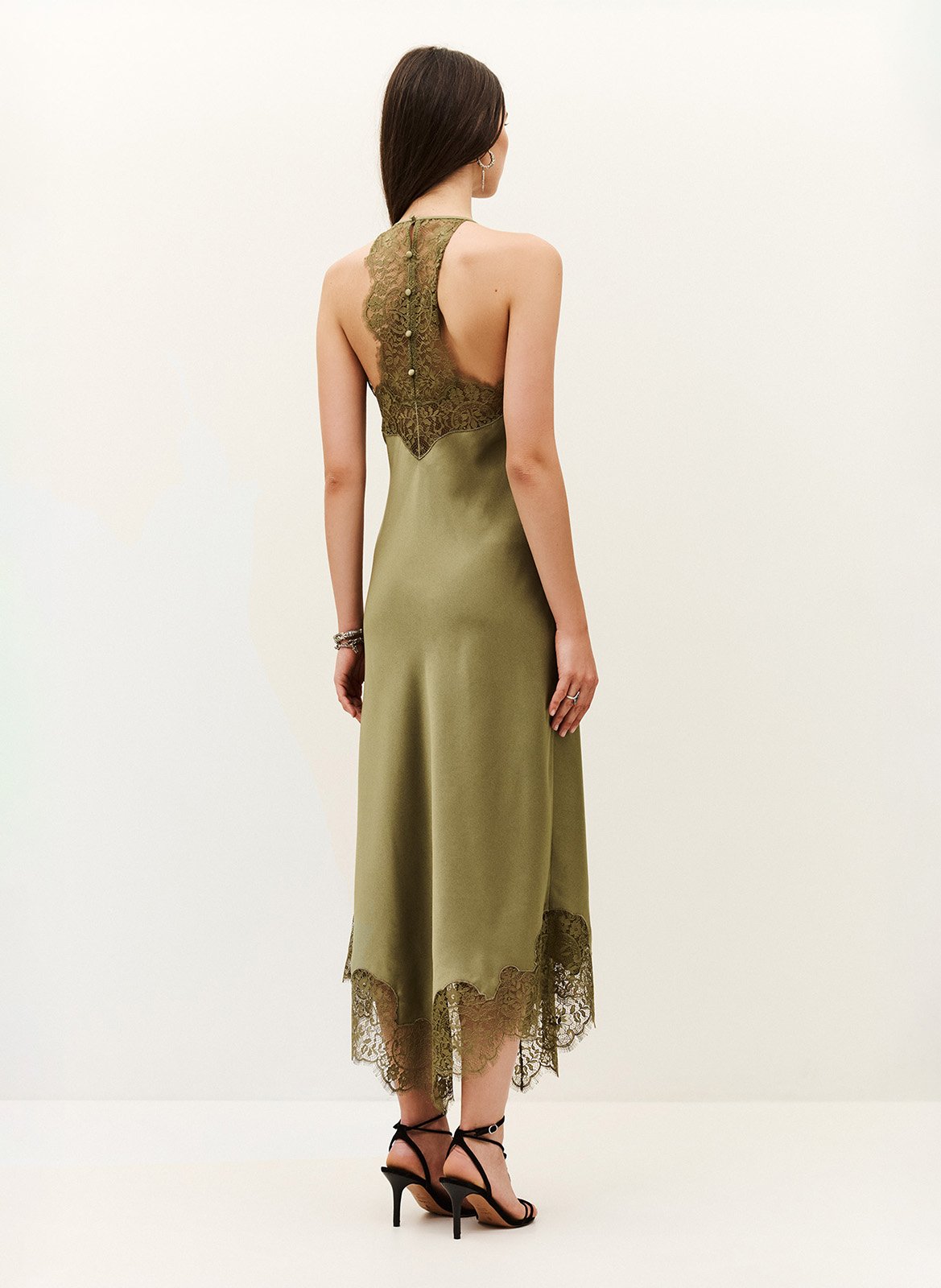 Robe longue col V à dentelle  BA&SH Kaki