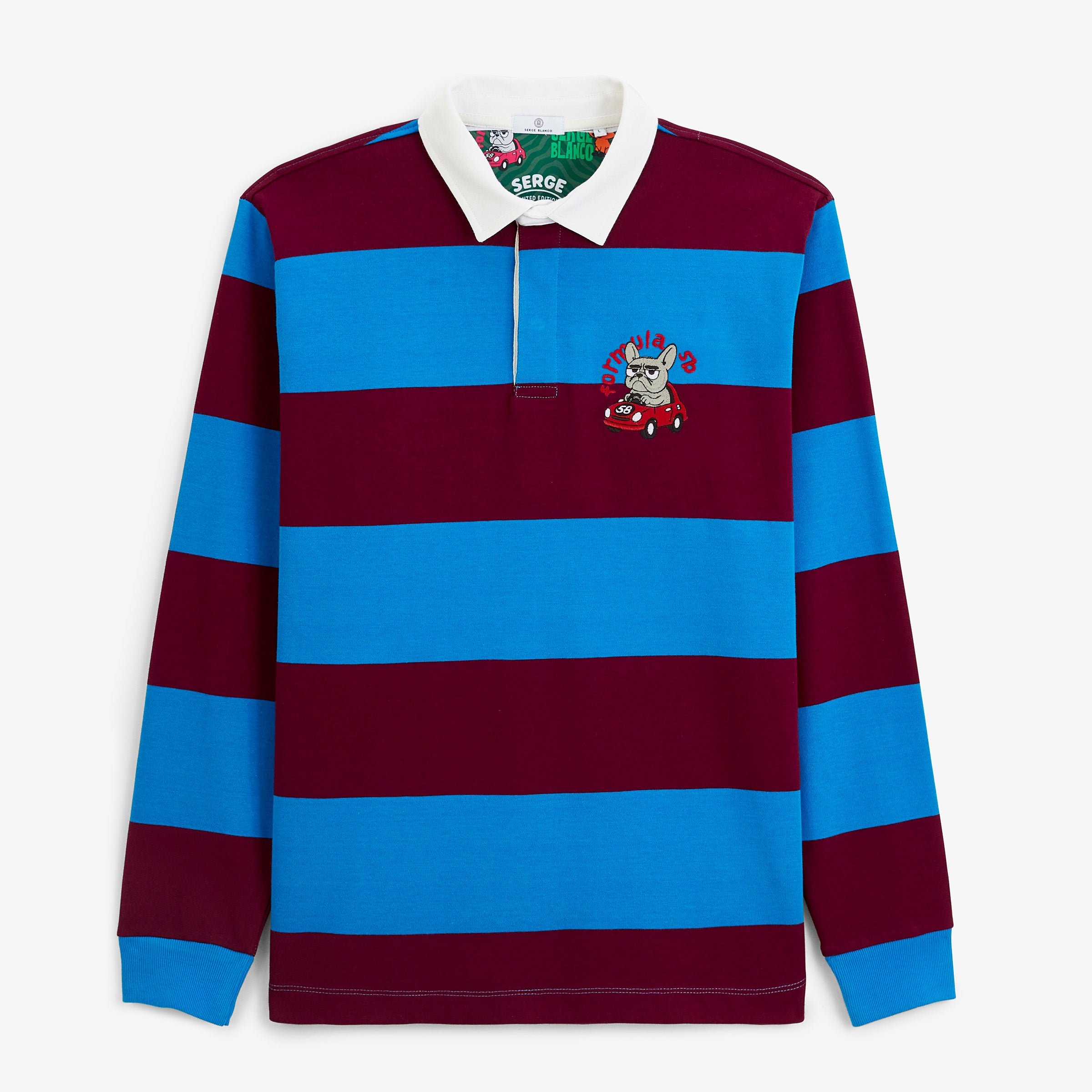 Striped long-sleeved rugby polo shirt with Funky Animals embroidery in wine red SERGE BLANCO Red