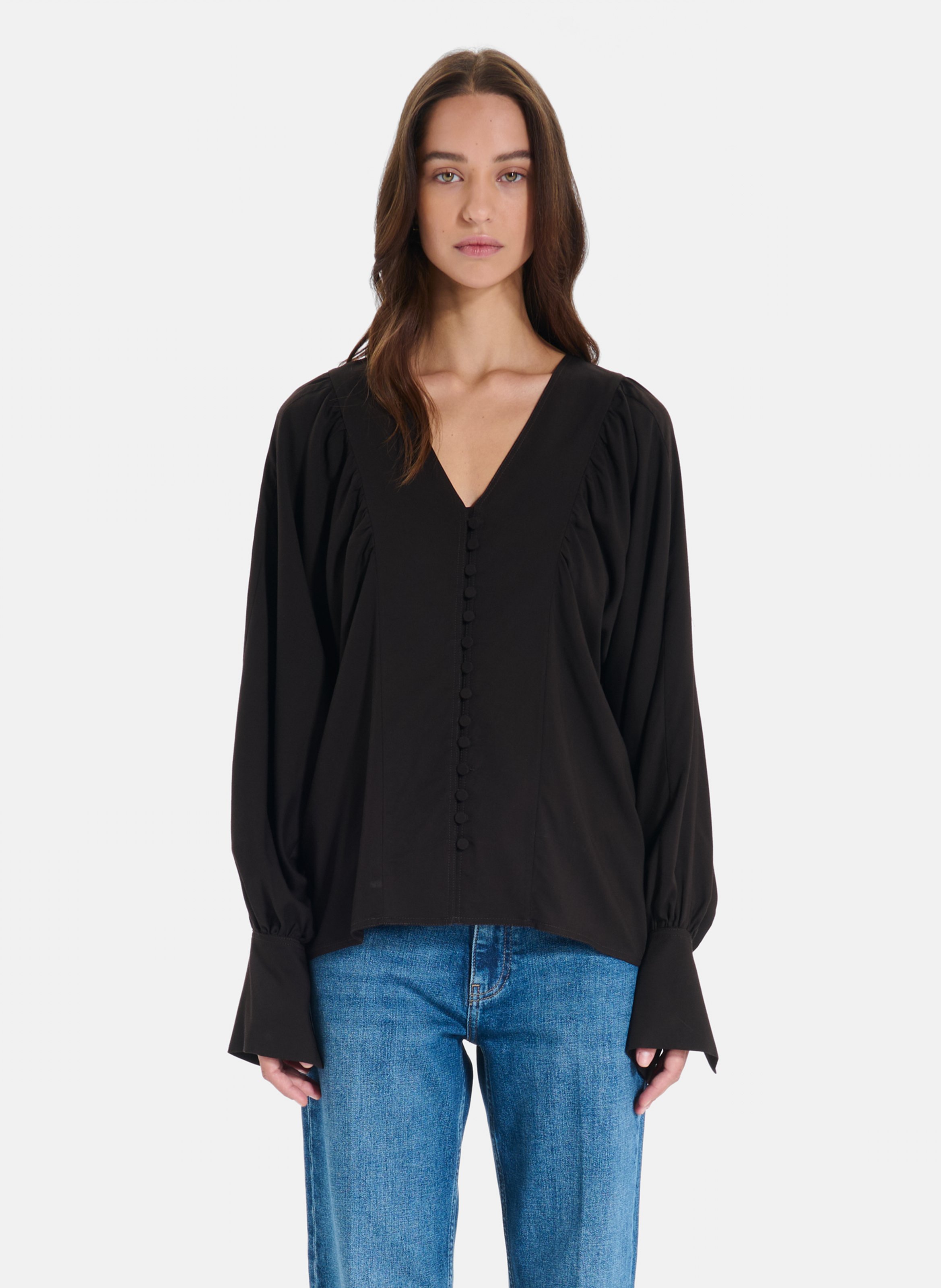 Plain loose-fitting V-neck blouse ZAPA Brown
