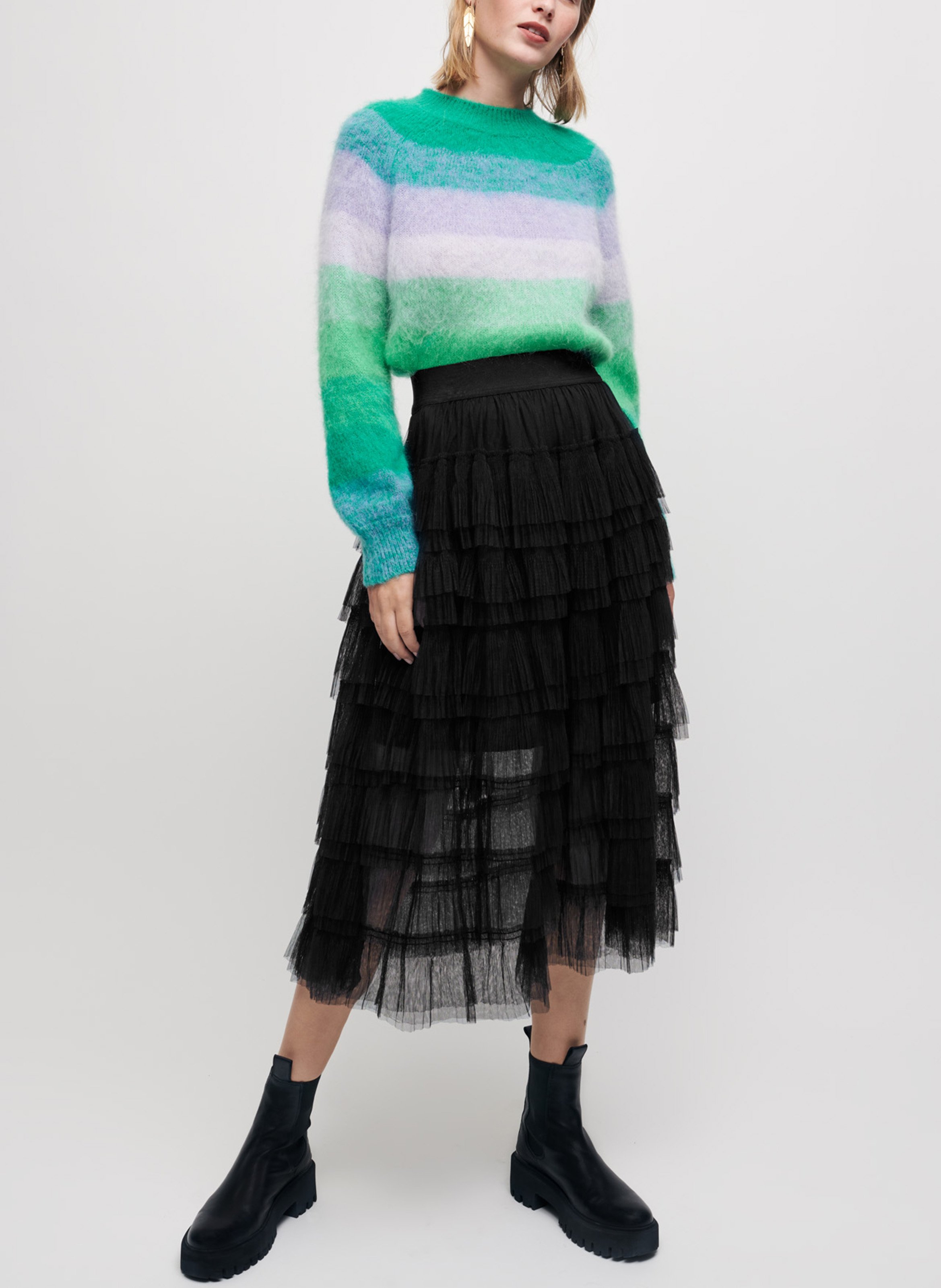 Jupe midi à volants en tulle MAJE Noir