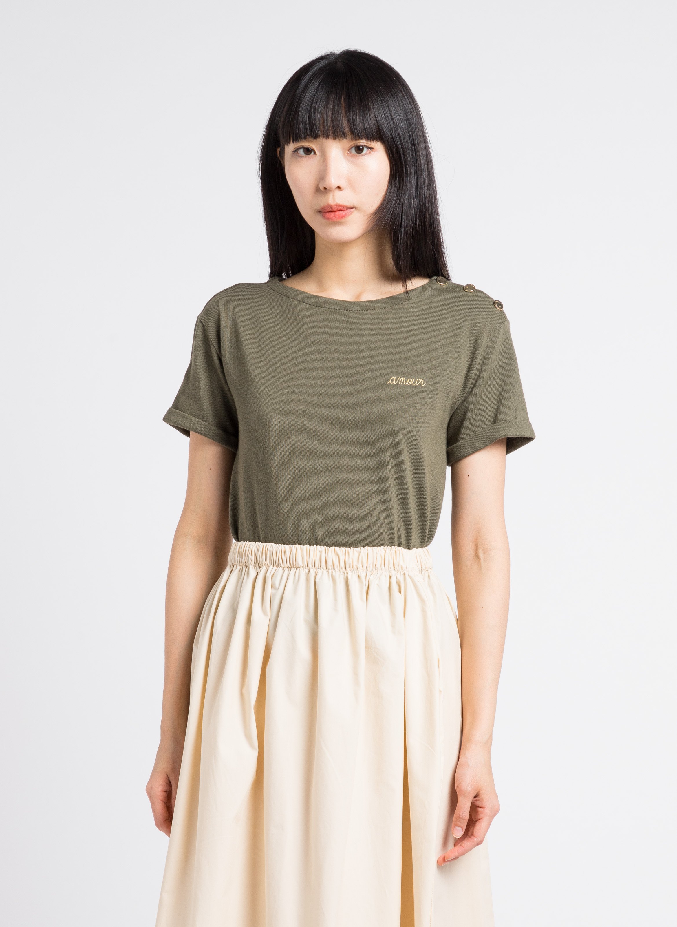 Tee-shirt ample col rond en coton bio briodé MAISON LABICHE Vert