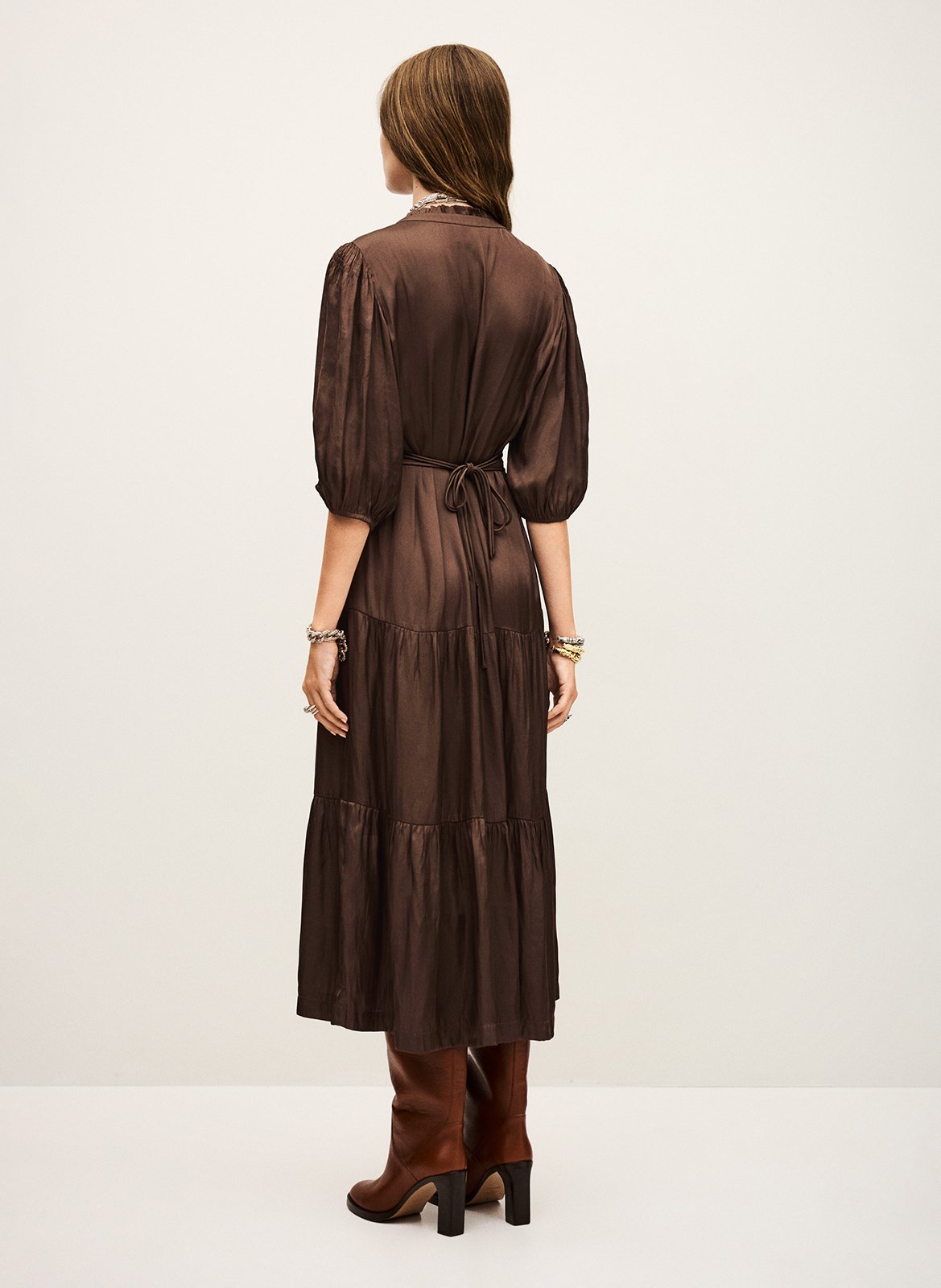 Long gathered dress with Tunisian collar in satin BA&SH Brown