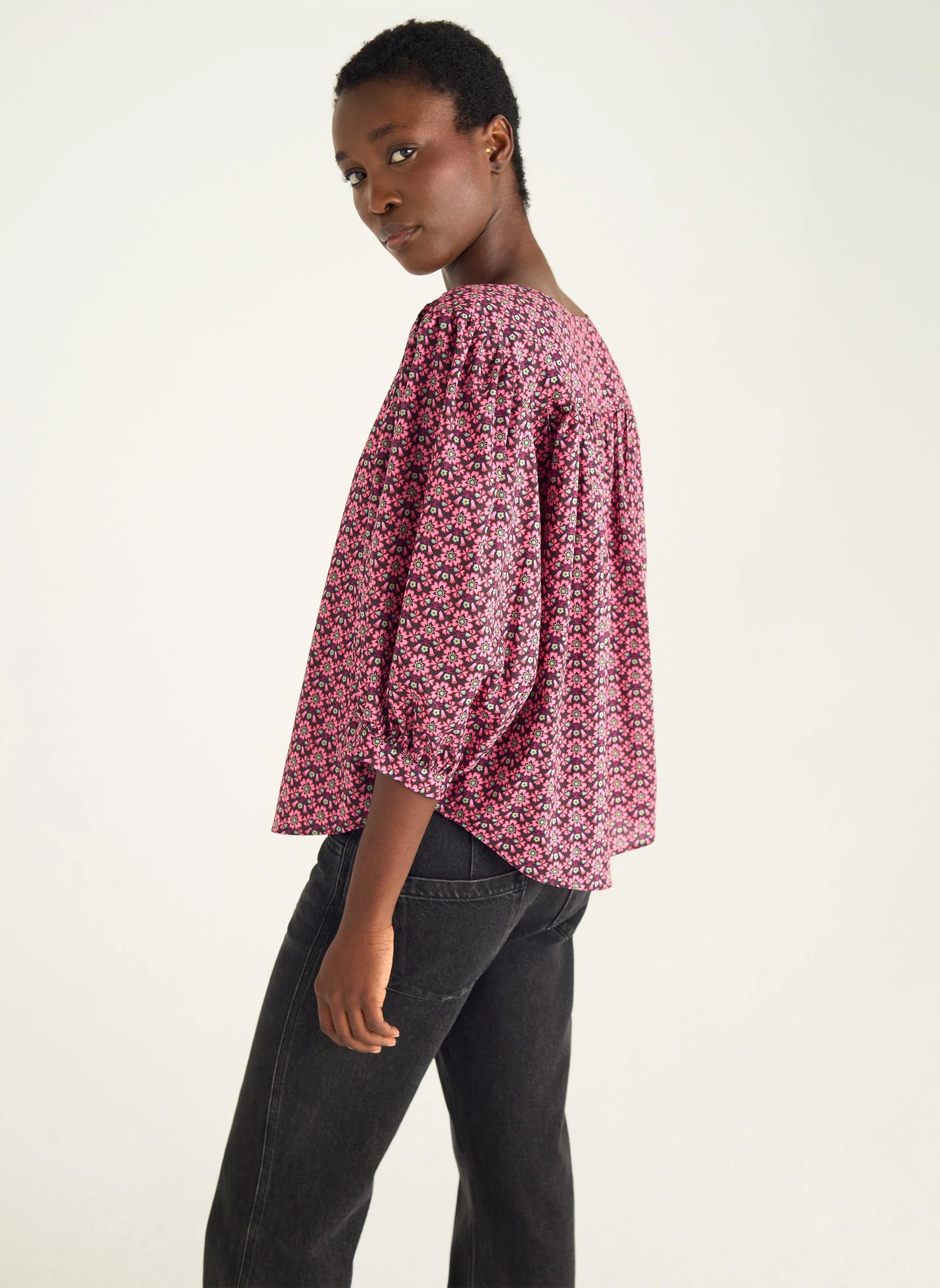 Blouse col tunisien imprimée COTELAC Rouge