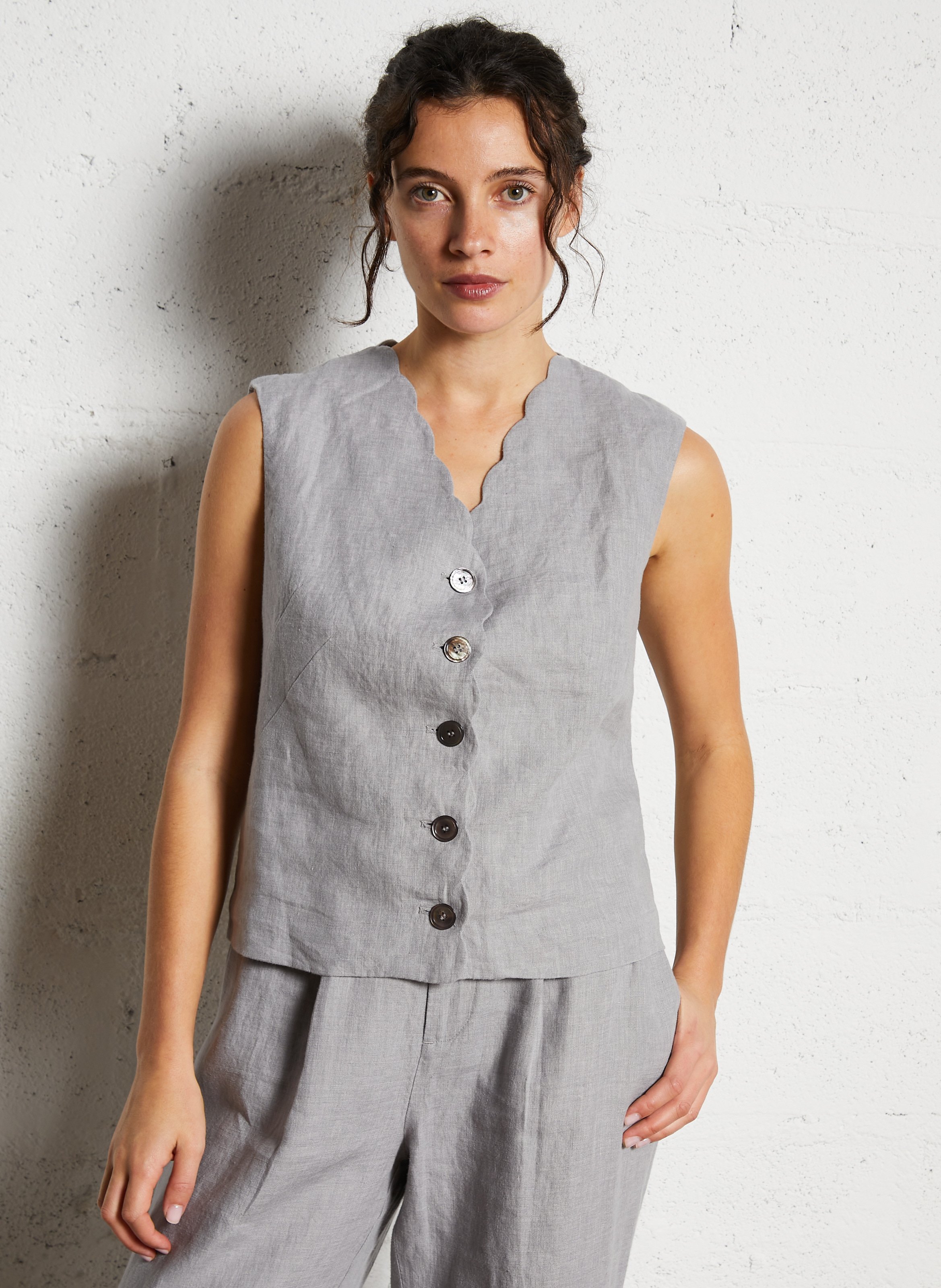 Gilet droit col V en lin NICE THINGS Gris