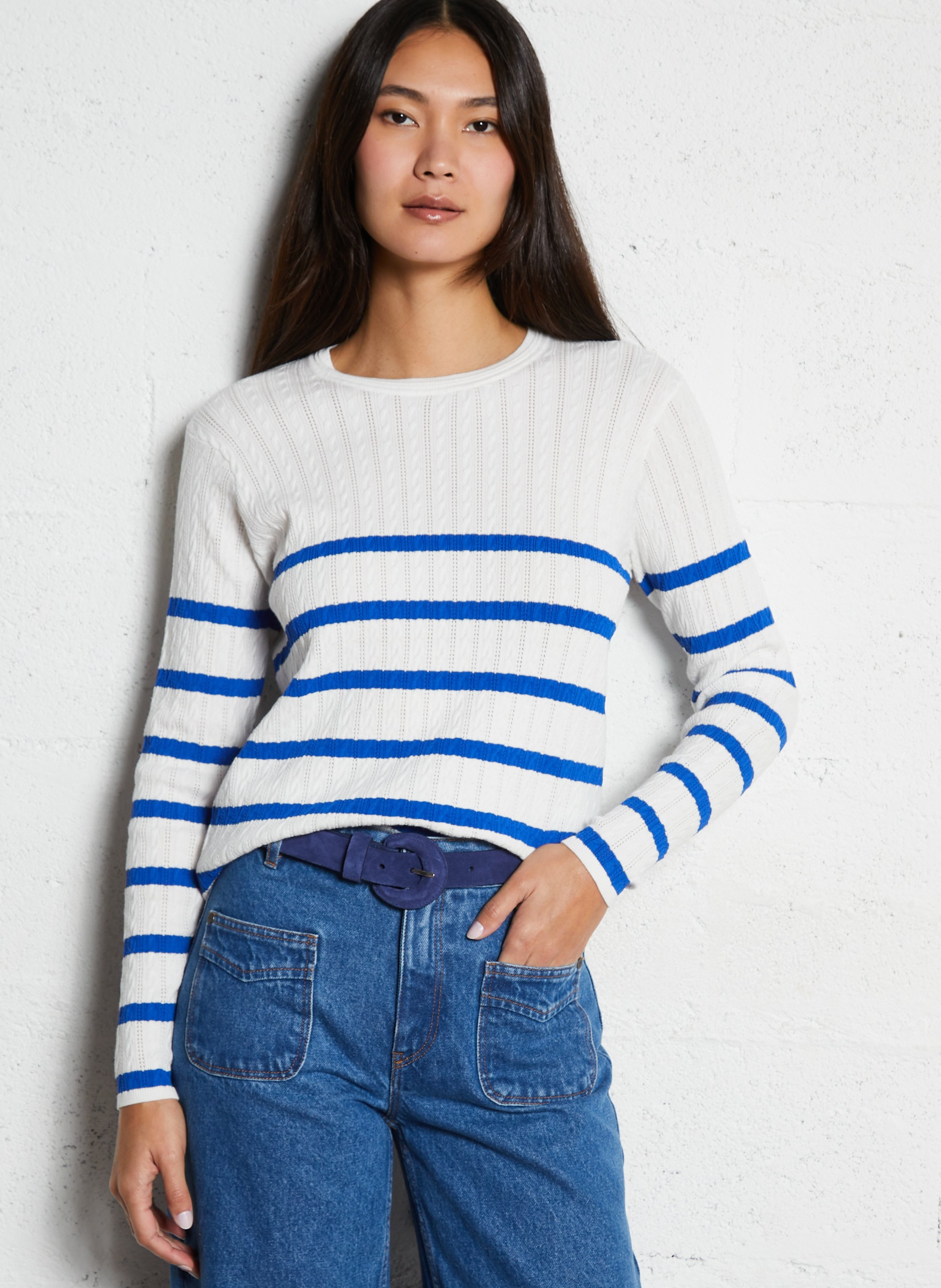 Pull droit en maille fantaisie rayée ONE STEP Blanc