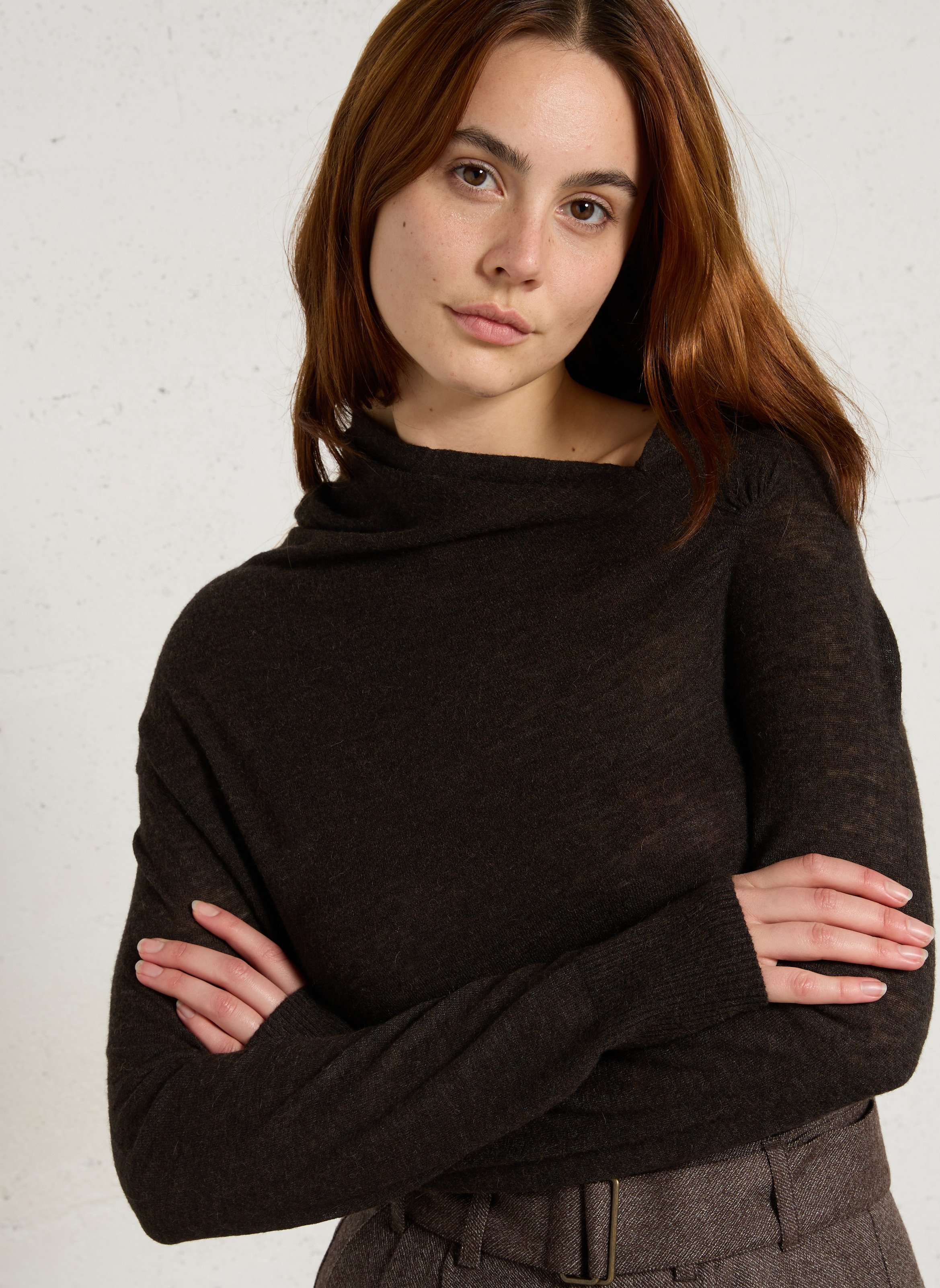 Pullover mit geradem, gerafftem Kragen aus Wollmischung SOEUR Braun