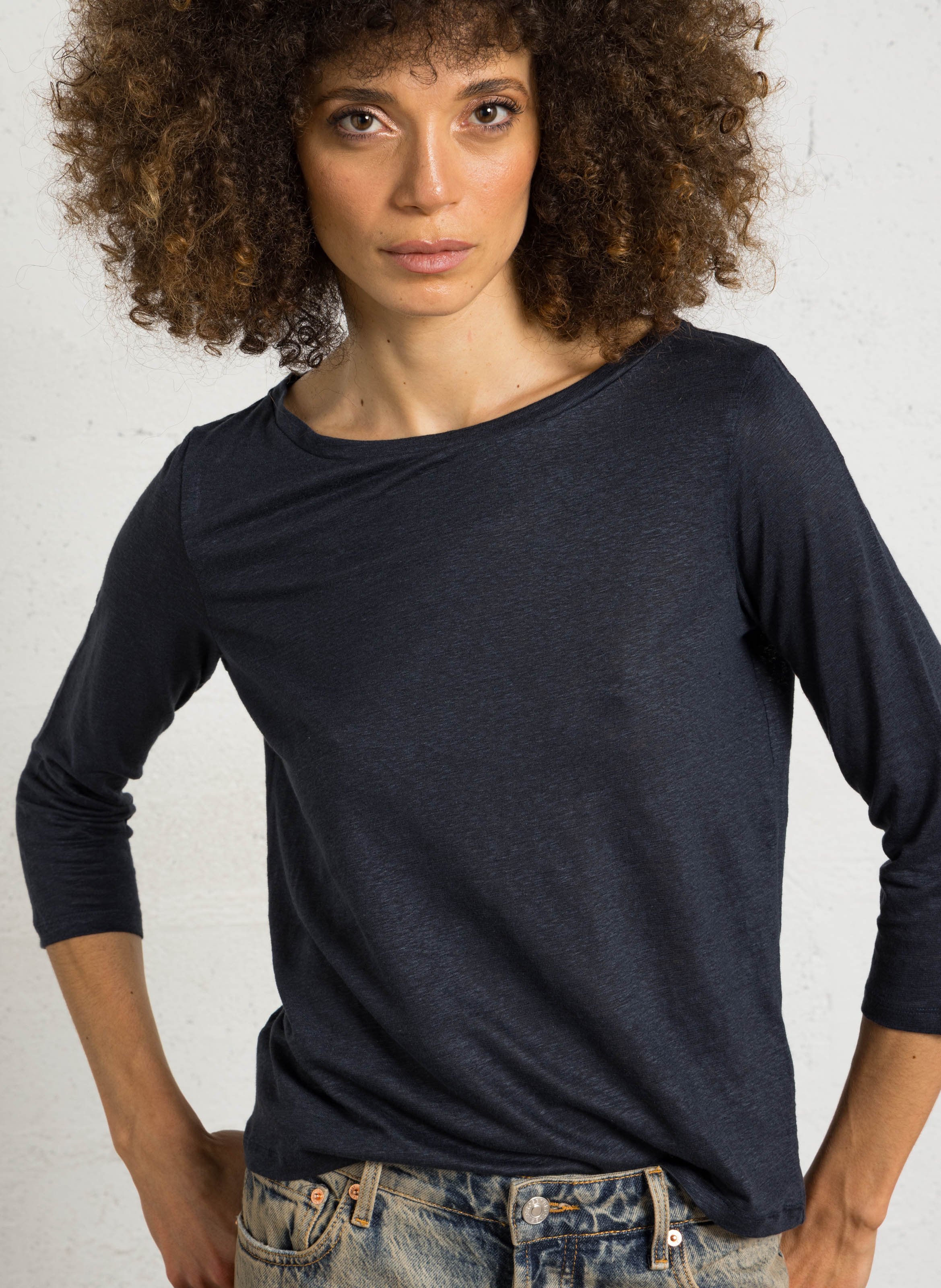Linnen T-shirt met boothals MAJESTIC FILATURES Blauw