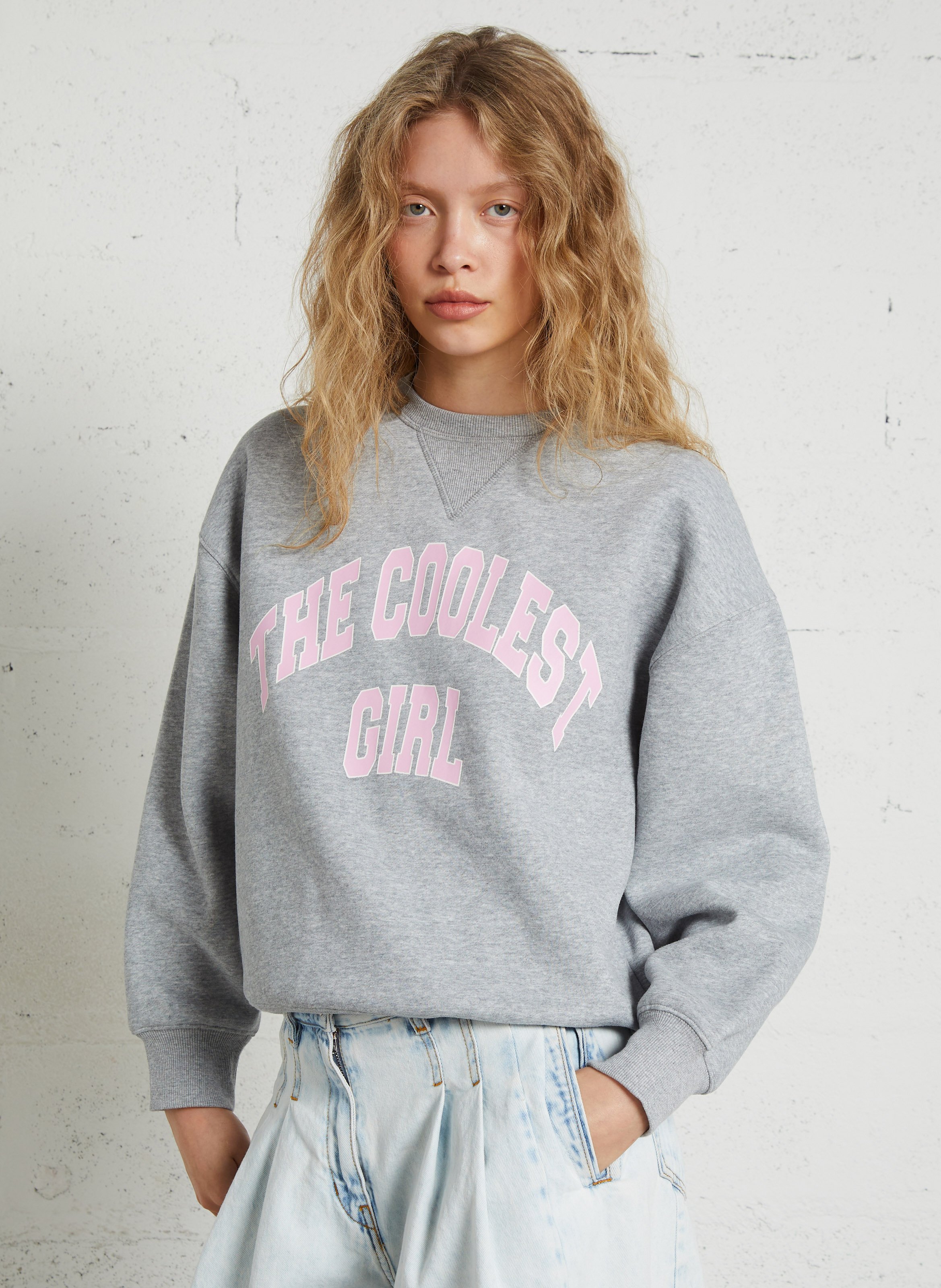 Wijde sweater met ronde hals en zeefdruk BERENICE Grijs