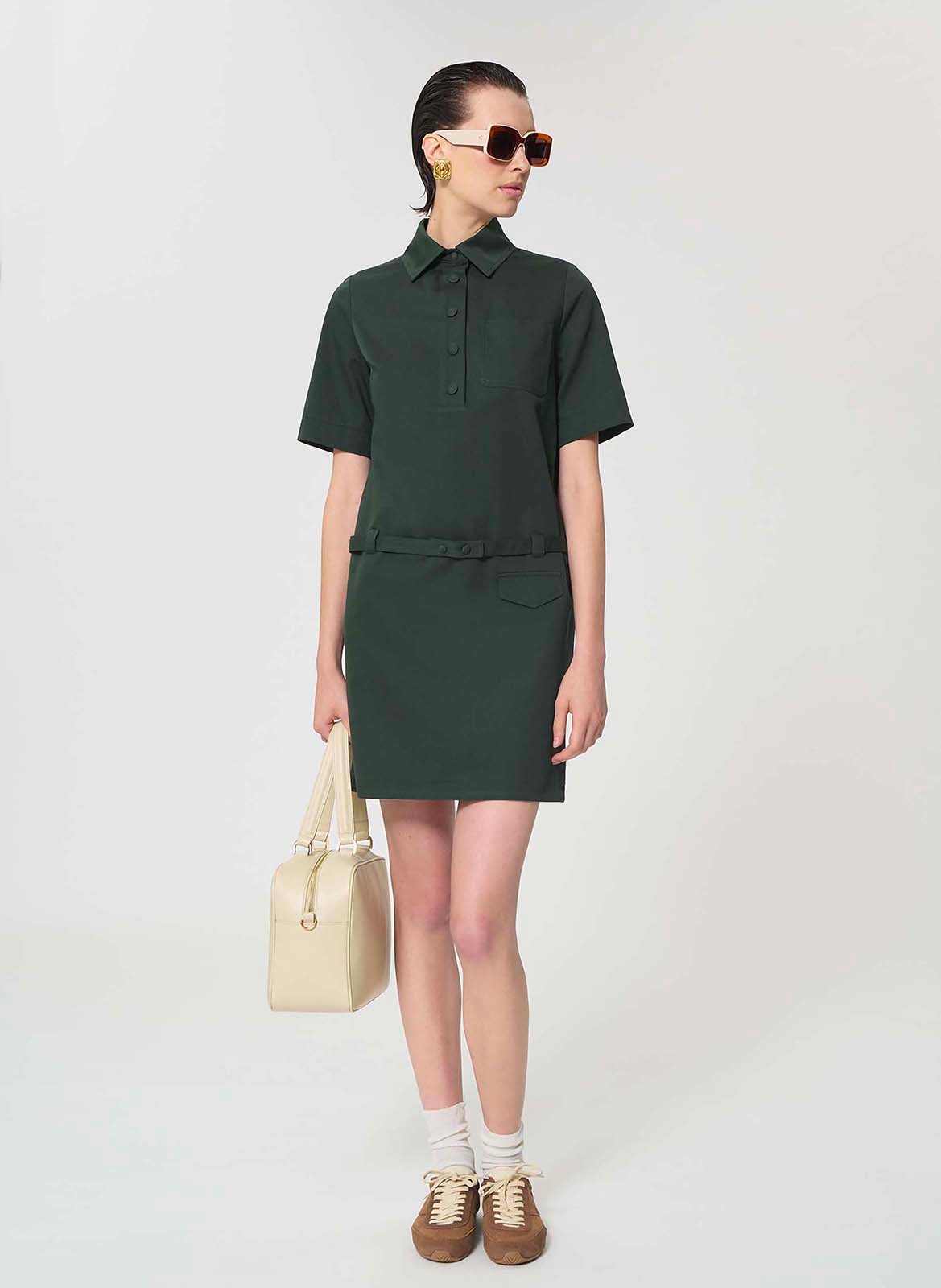 Ausgestelltes Baumwoll-Kurzkleid mit klassischem Kragen TARA JARMON Grun