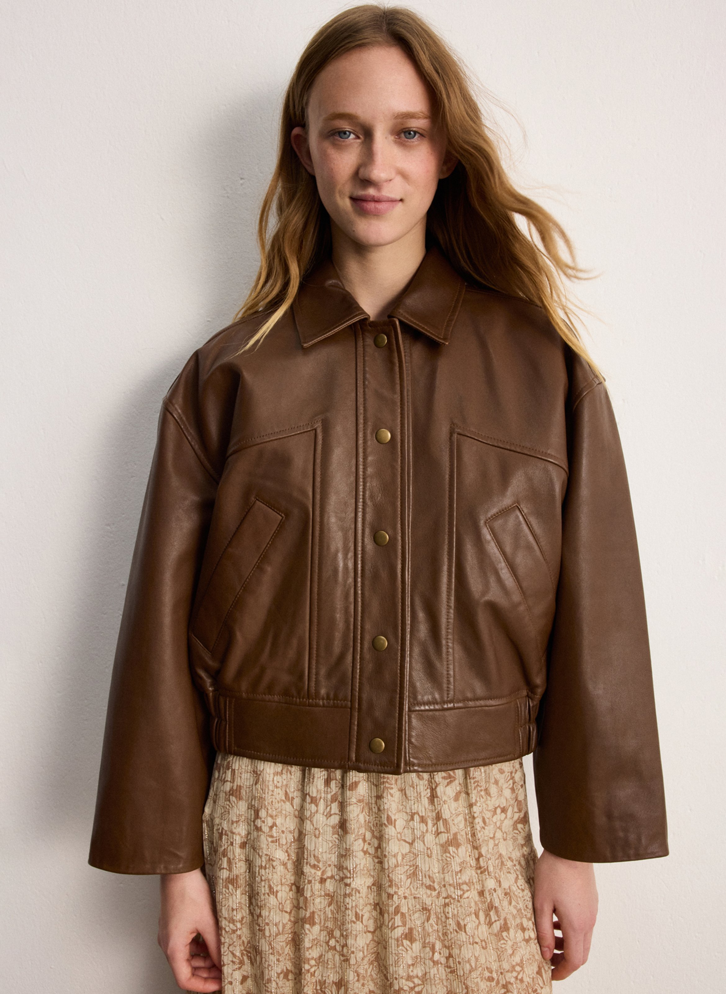 Straight leather jacket with classic collar PABLO Brown