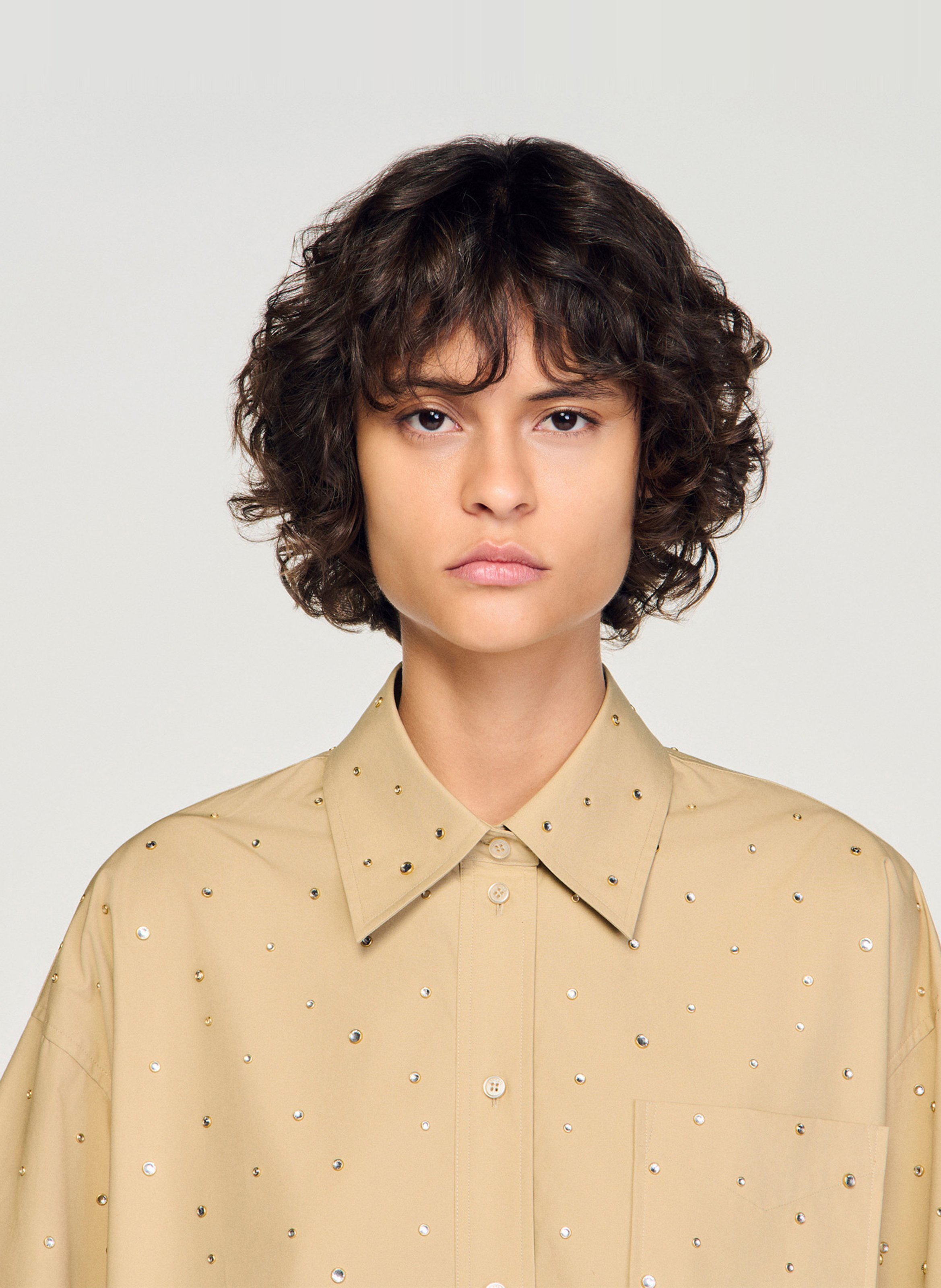 Wijdvallende korte blouse met strass SANDRO Beige