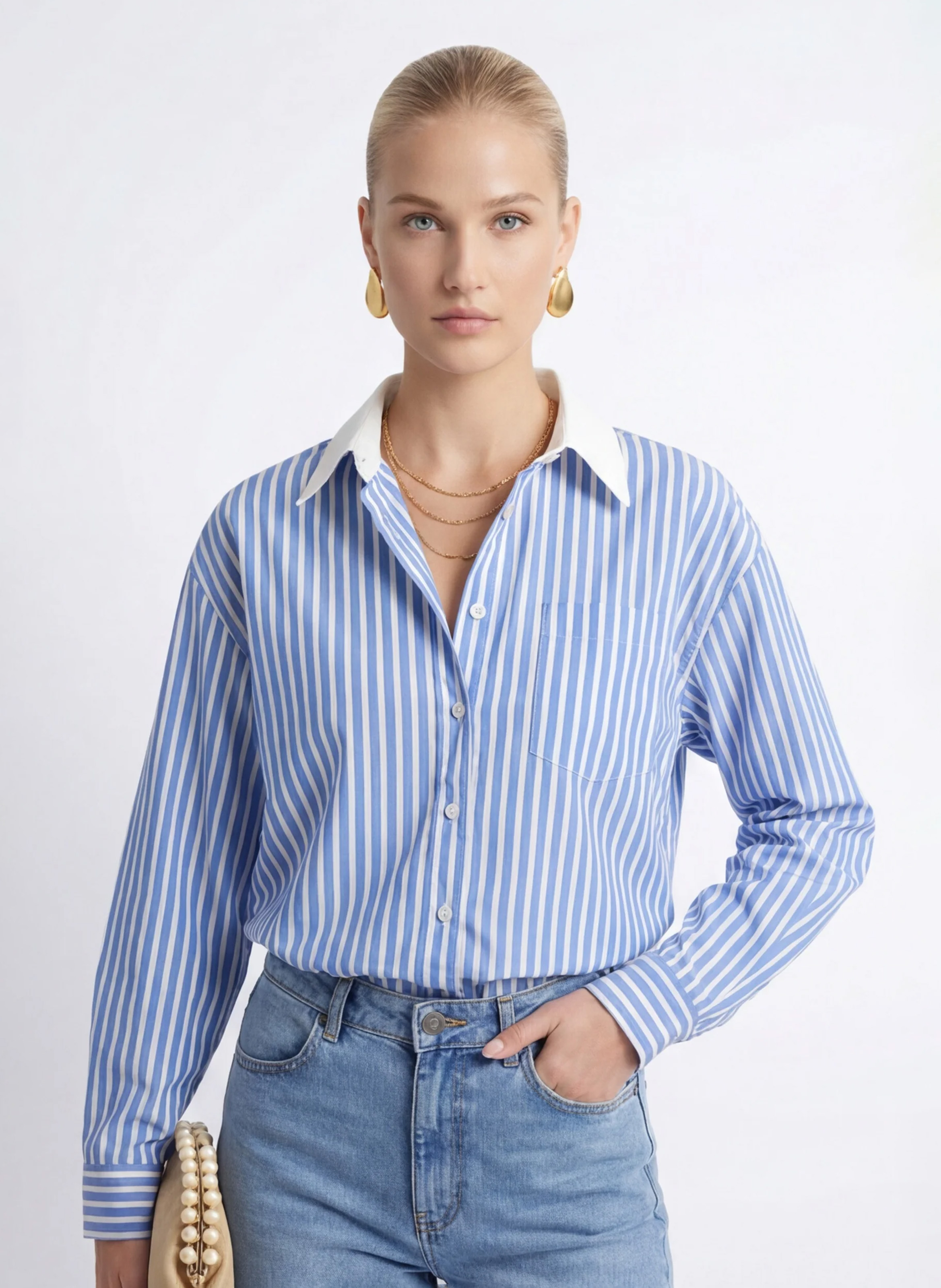 Chemise droite col classique en coton rayé KOOKAI Bleu