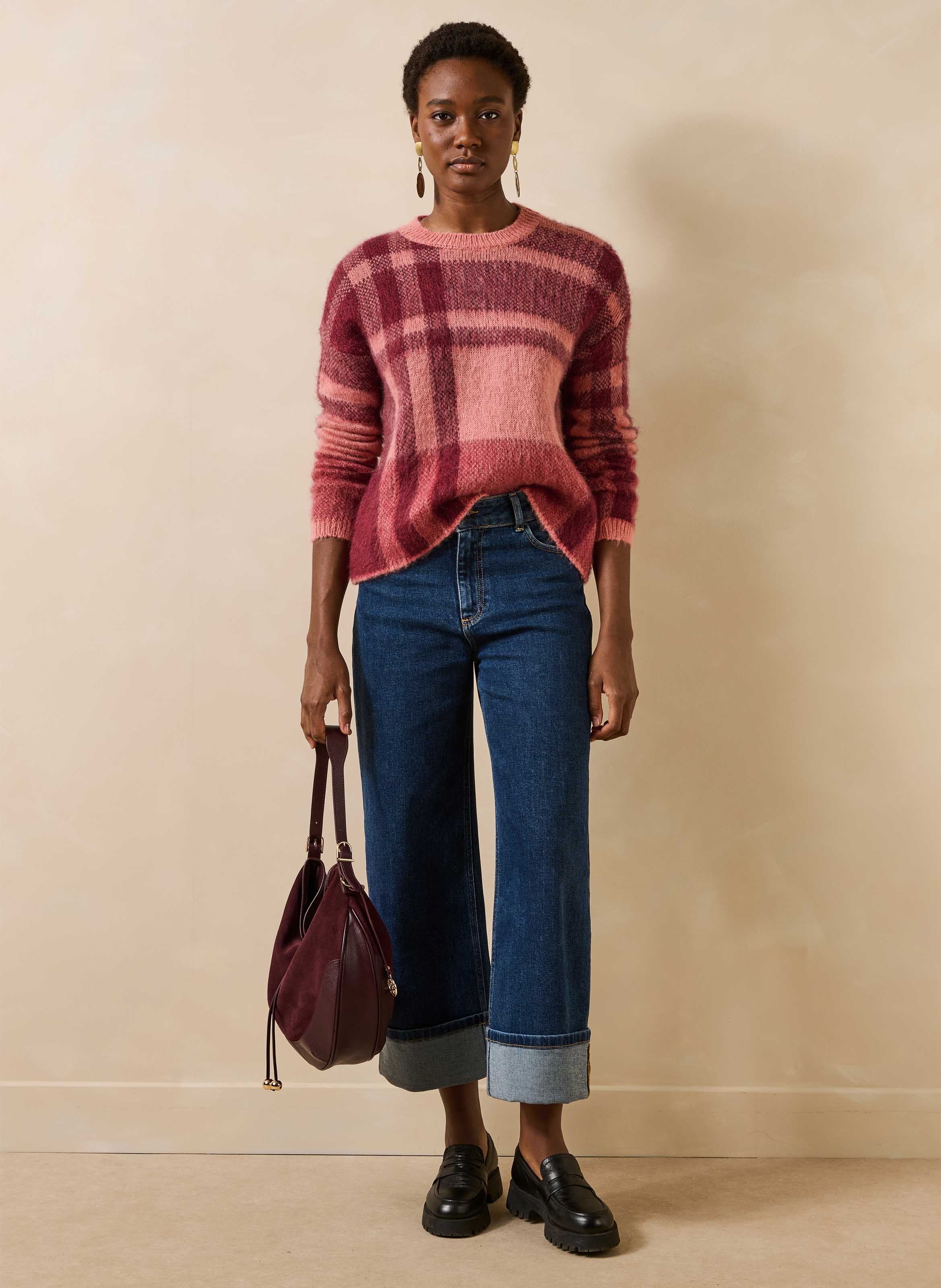 Pull jacquard motif carreaux en mohair mélangé LA FEE MARABOUTEE Rose