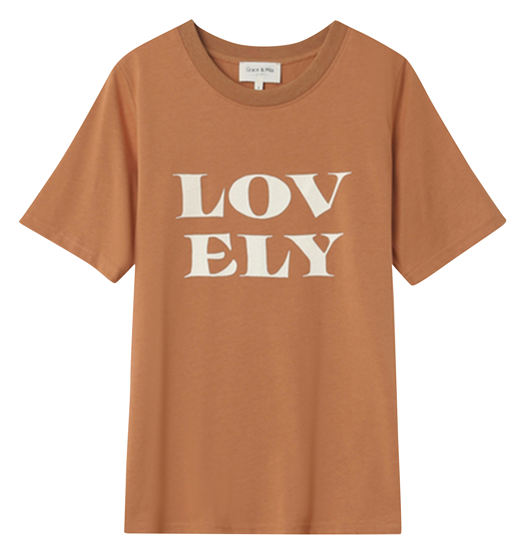 Short-sleeved V-neck T-shirt with printed message GRACE ET MILA Brown