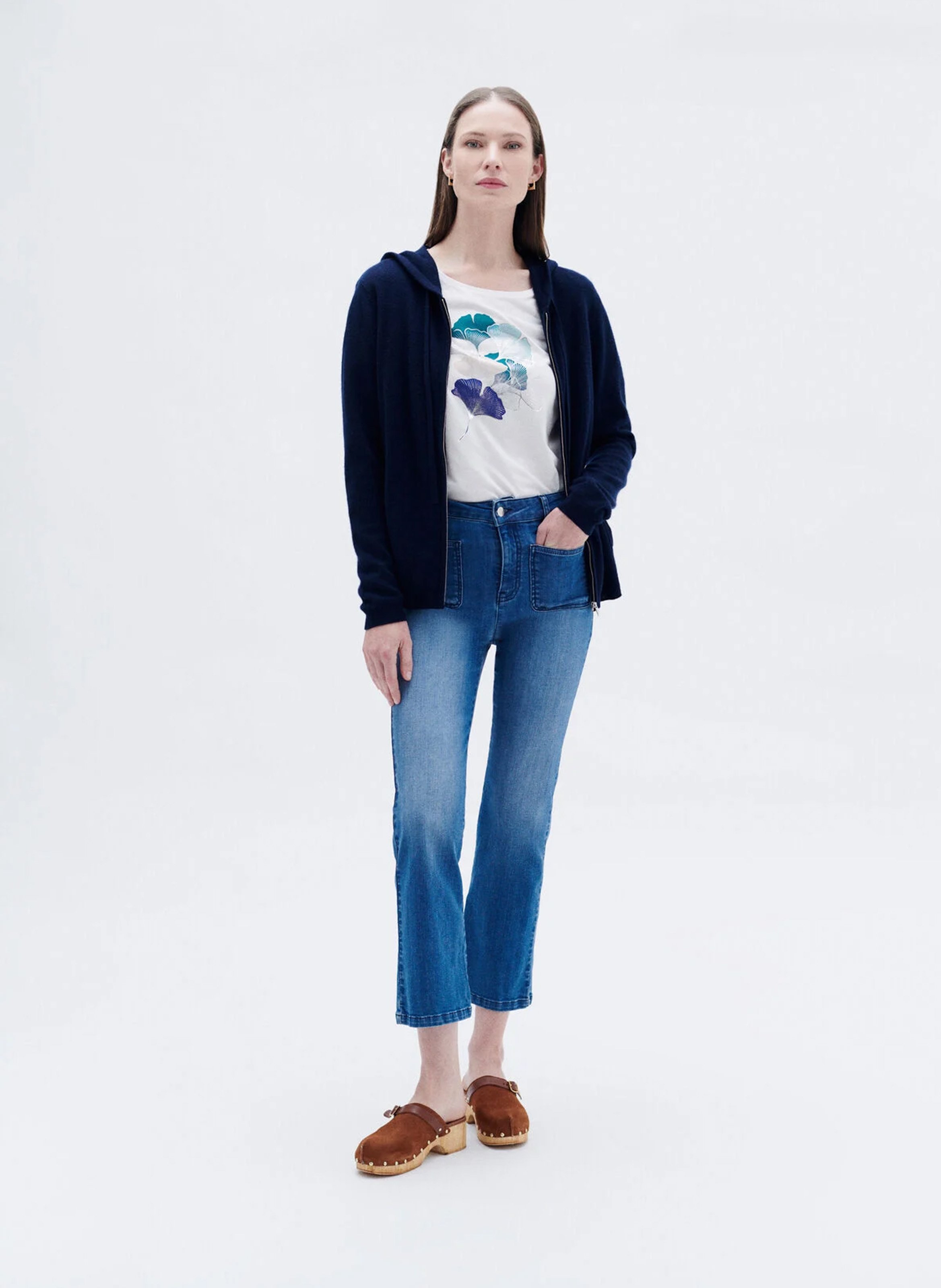 Straight wool and cashmere hooded cardigan CAROLL Blue