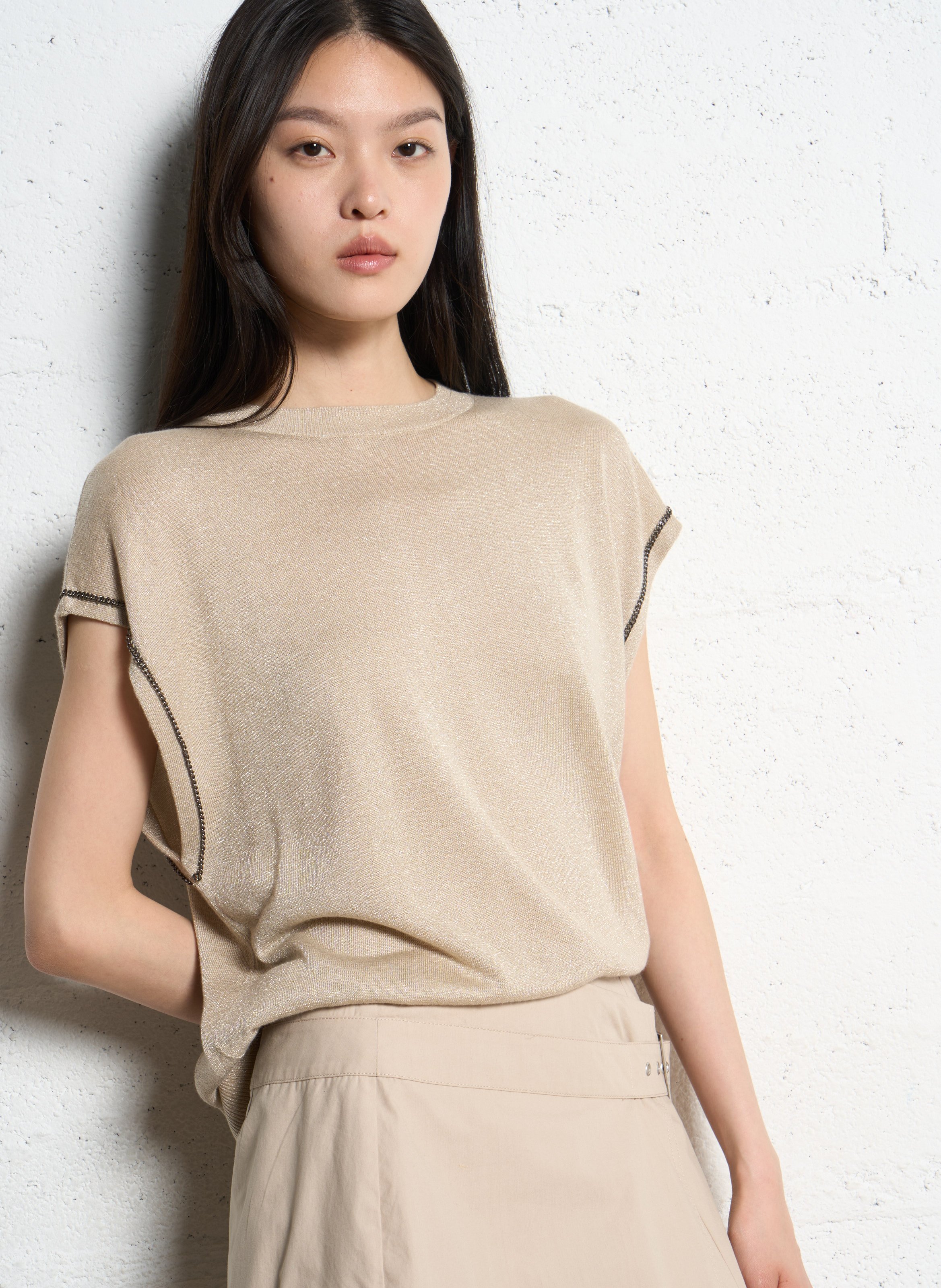 Ärmelloses gerade geschnittenes Top mit Pailletten IKKS Beige