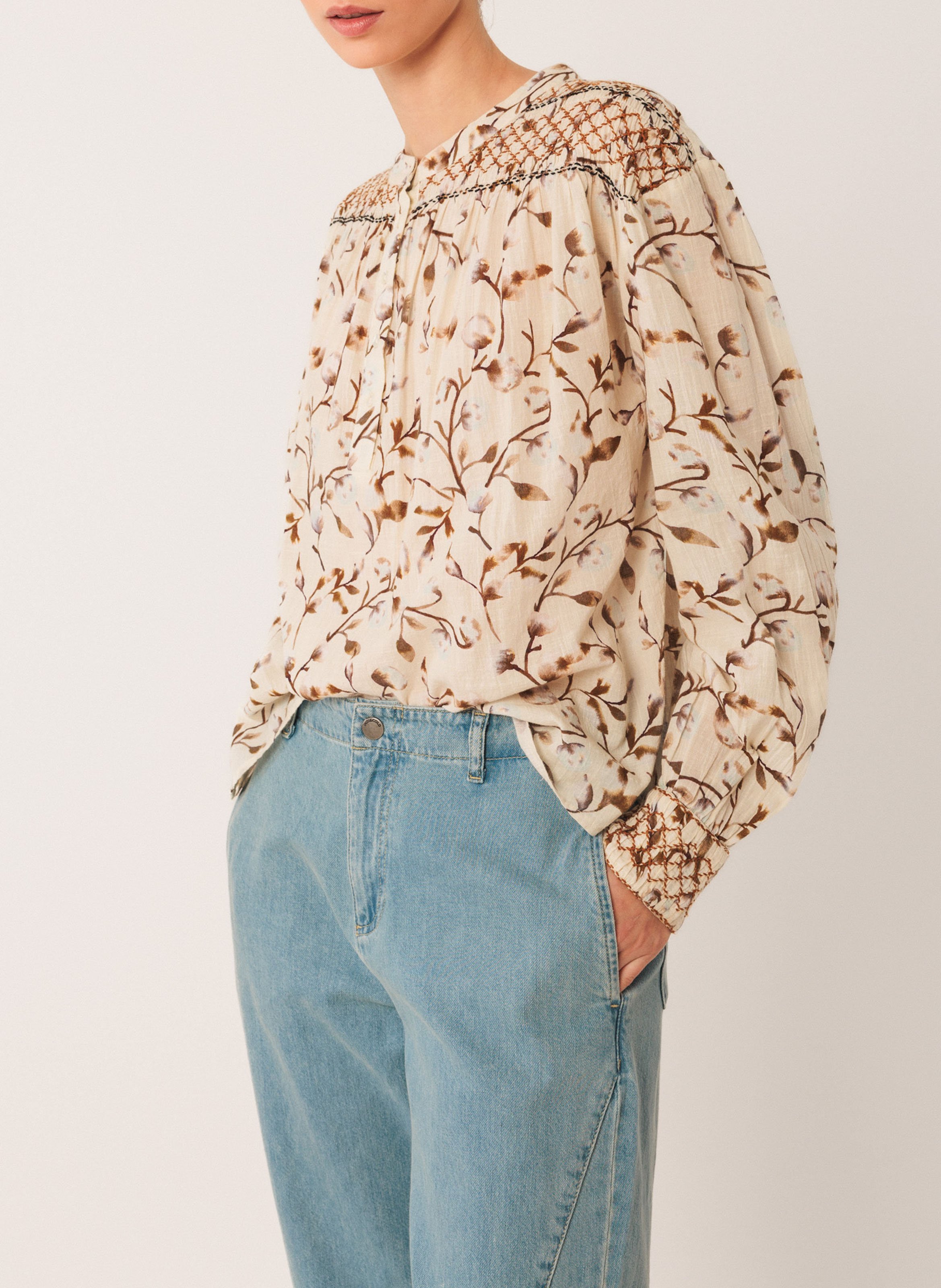 Loose-fit cotton blouse with round neck INDI &amp; COLD Brown