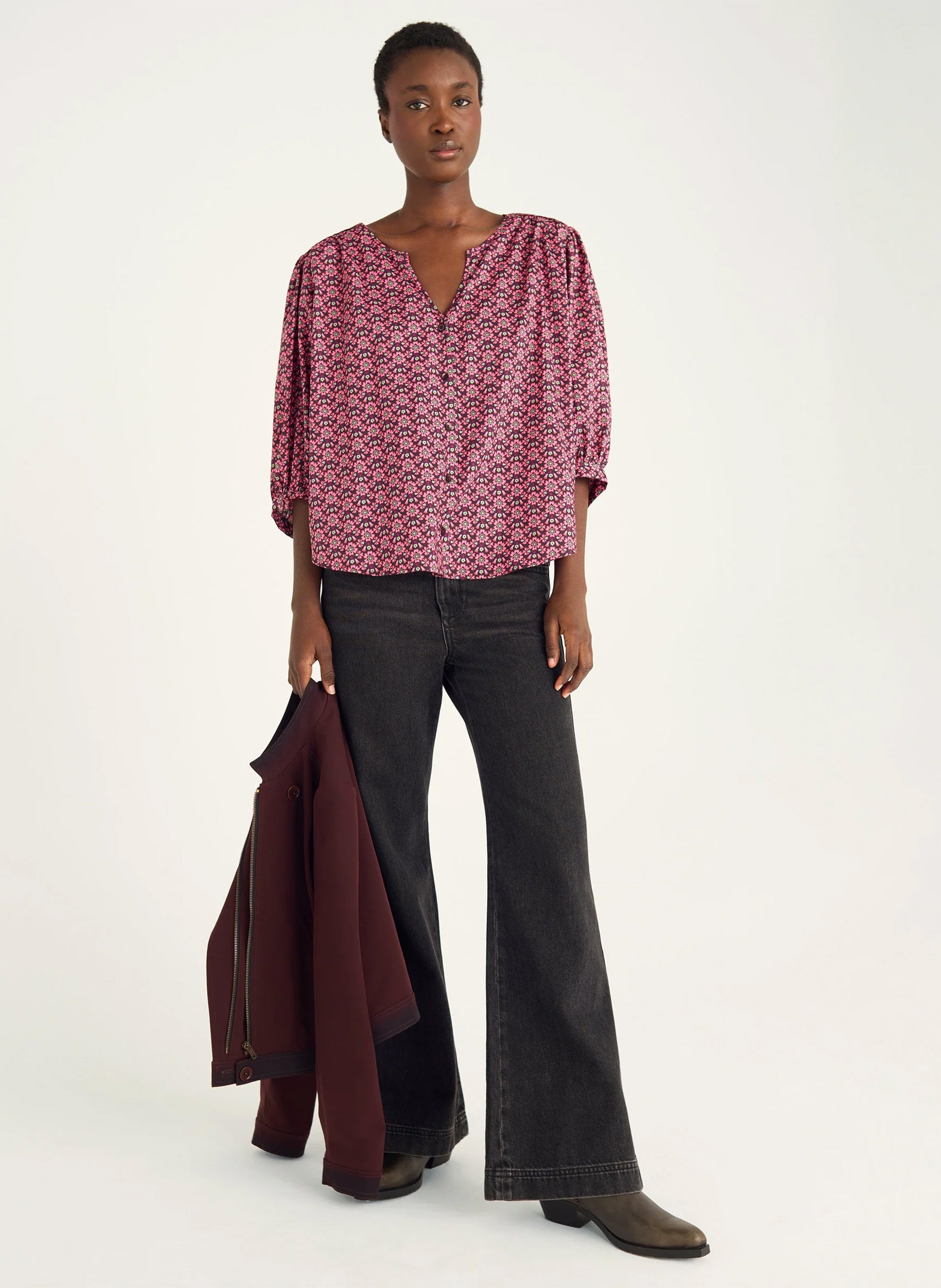 Blouse col tunisien imprimée COTELAC Rouge