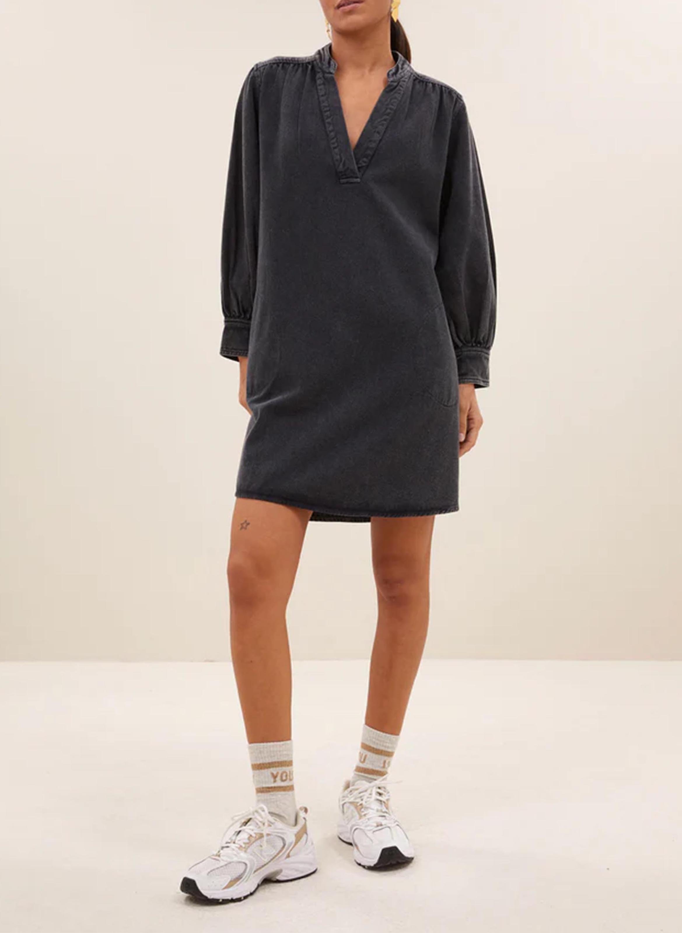 Robe droite col tunisien en denim BY BAR Noir