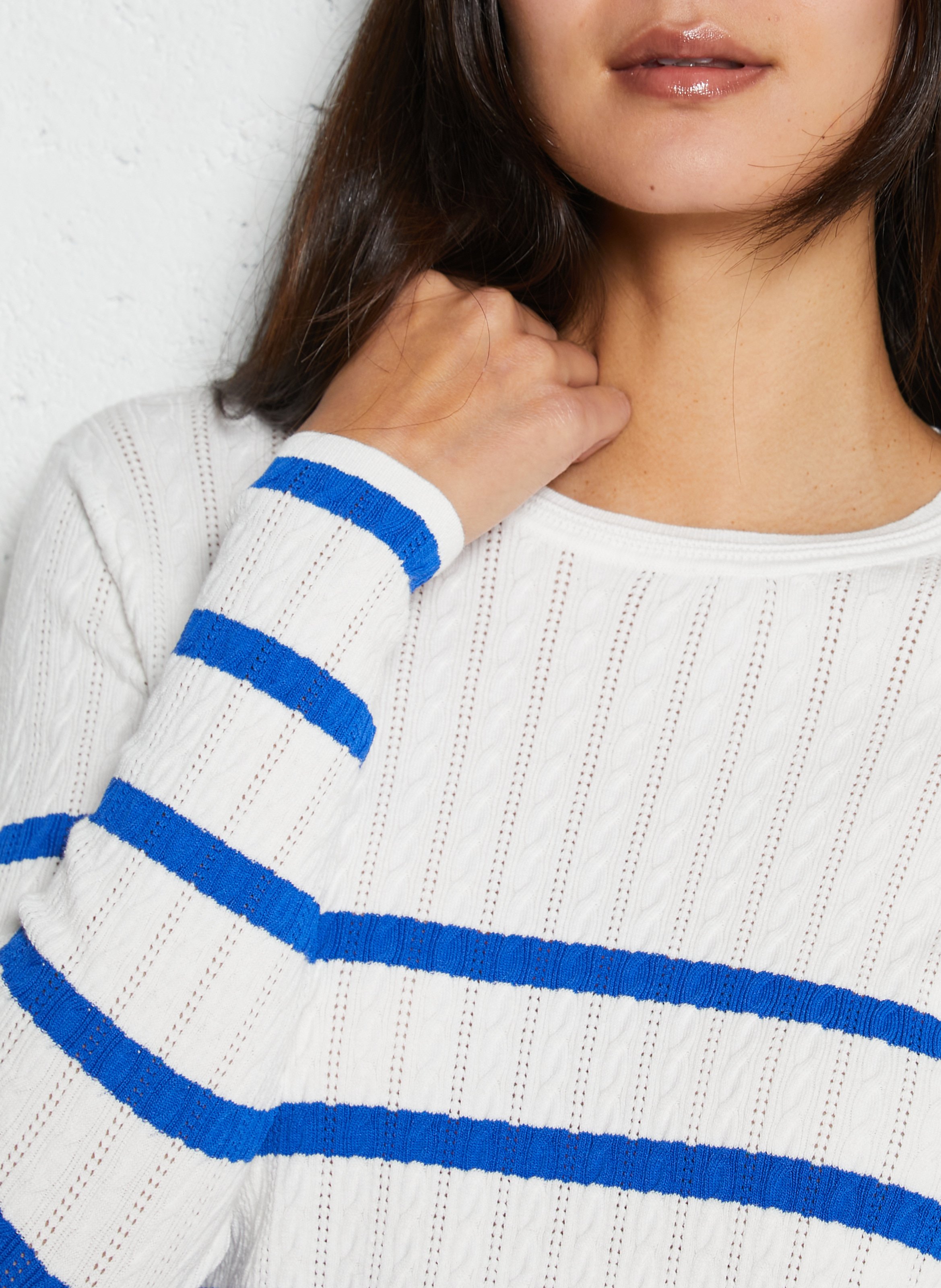 Pull droit en maille fantaisie rayée ONE STEP Blanc