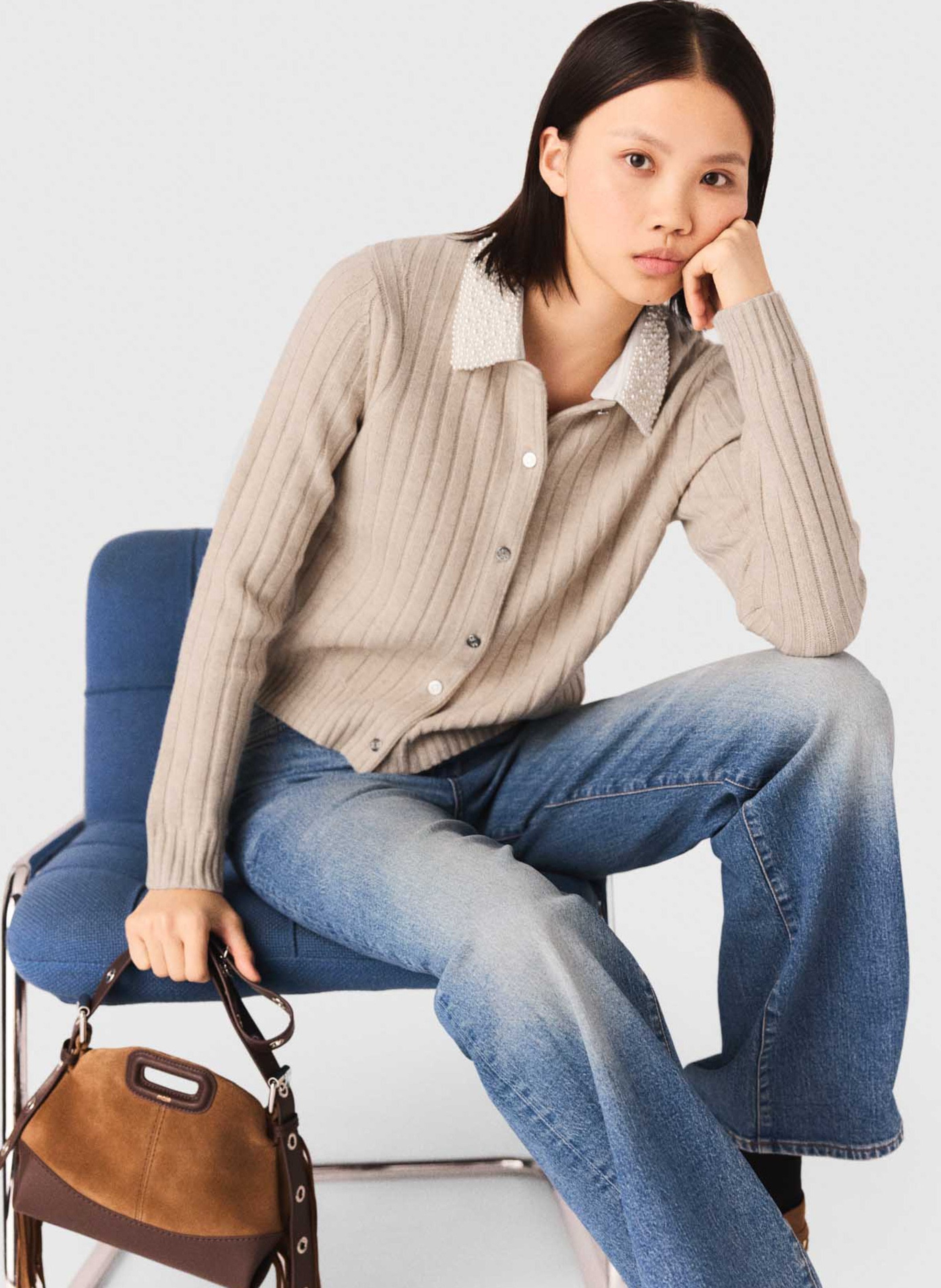 Cárdigan recto con cuello desmontable de lana mezclada MAJE Beige