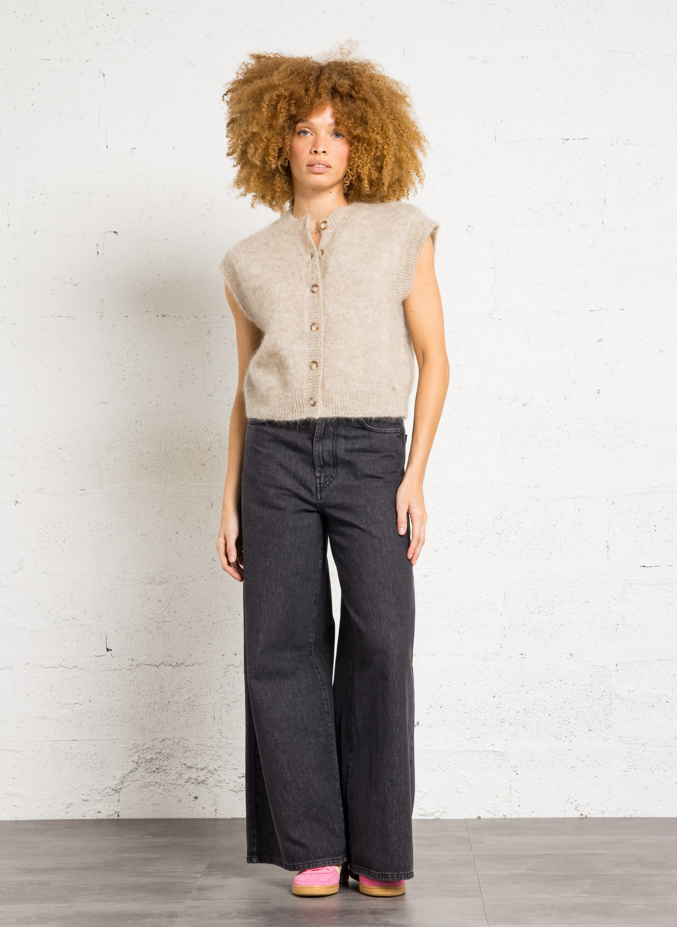 Oversized round neck wool blend vest DES PETITS HAUTS Beige