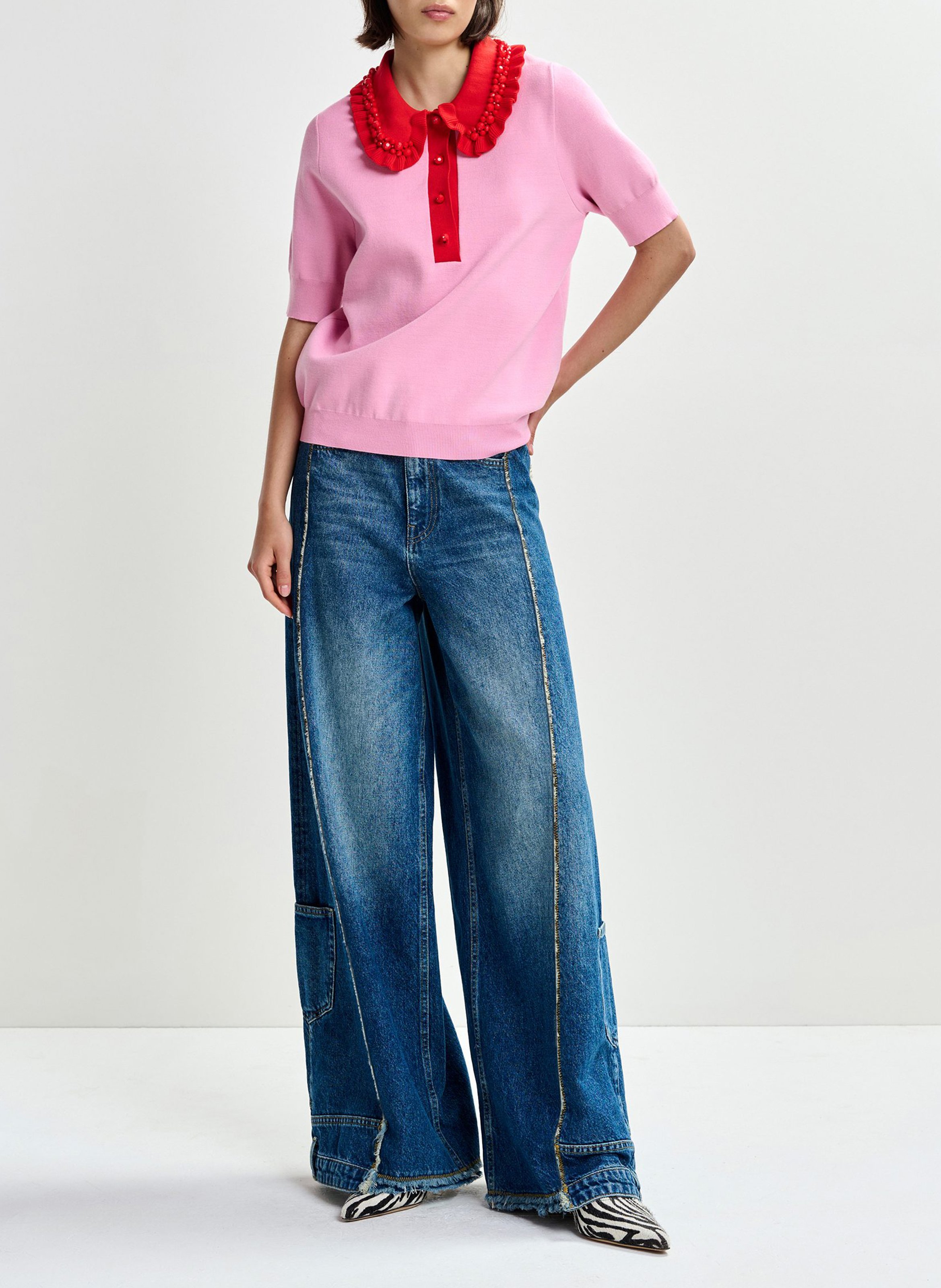 Short-sleeved plain polo with ruffles ESSENTIEL ANTWERP Pink