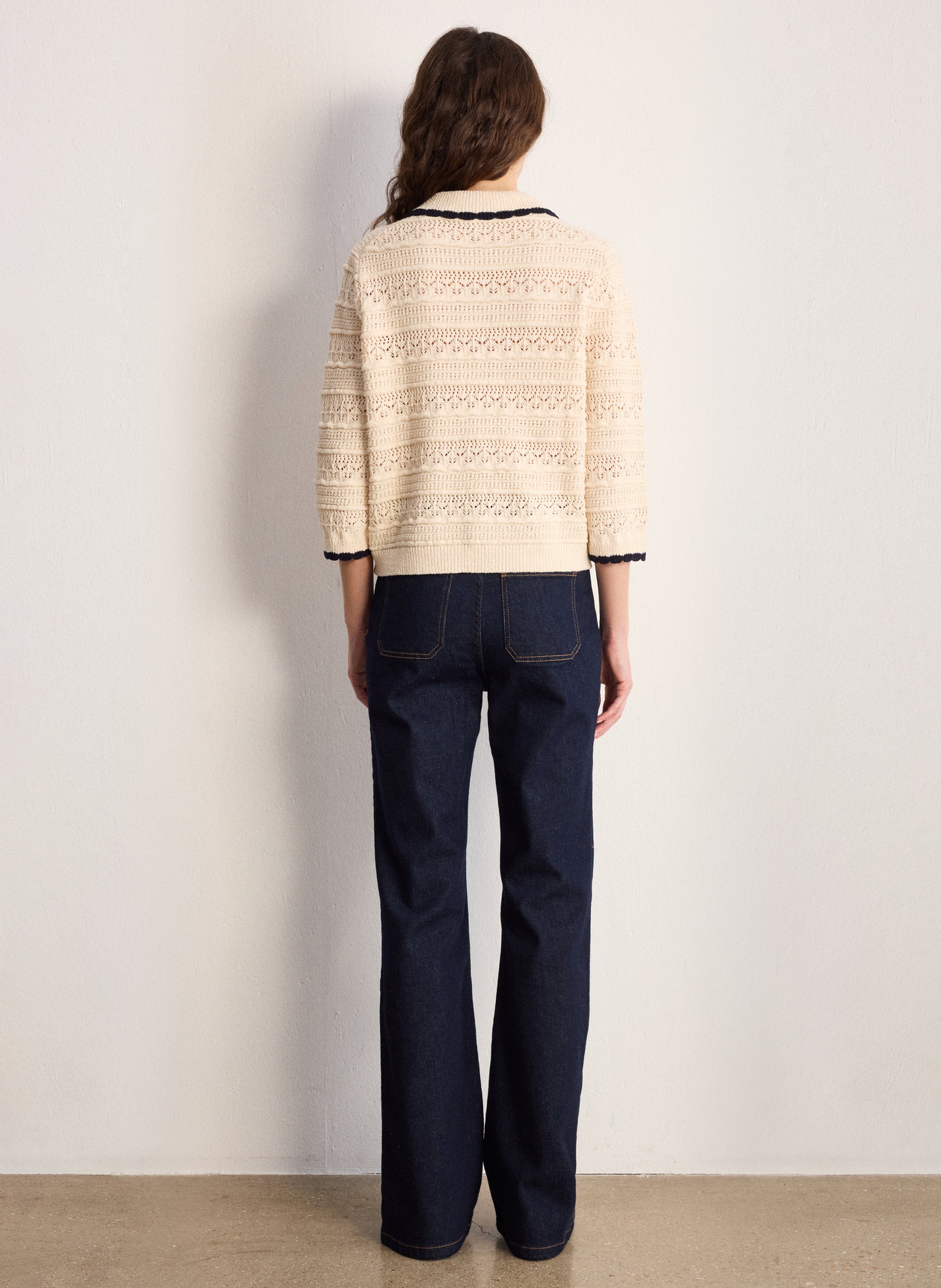 Gilet droit col classique en coton mélangé ajouré PABLO Beige