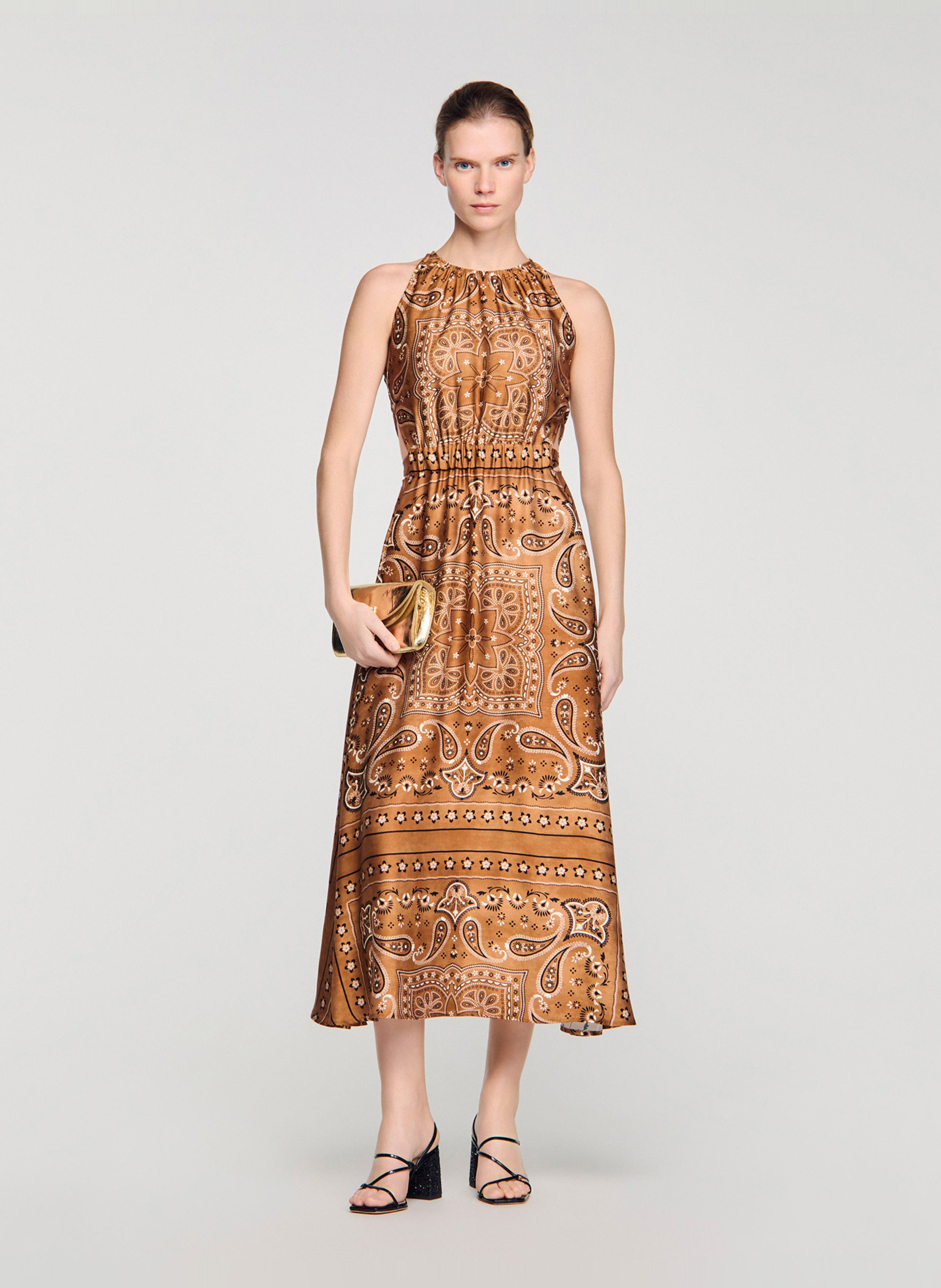 Long printed round-neck dress SANDRO Brown