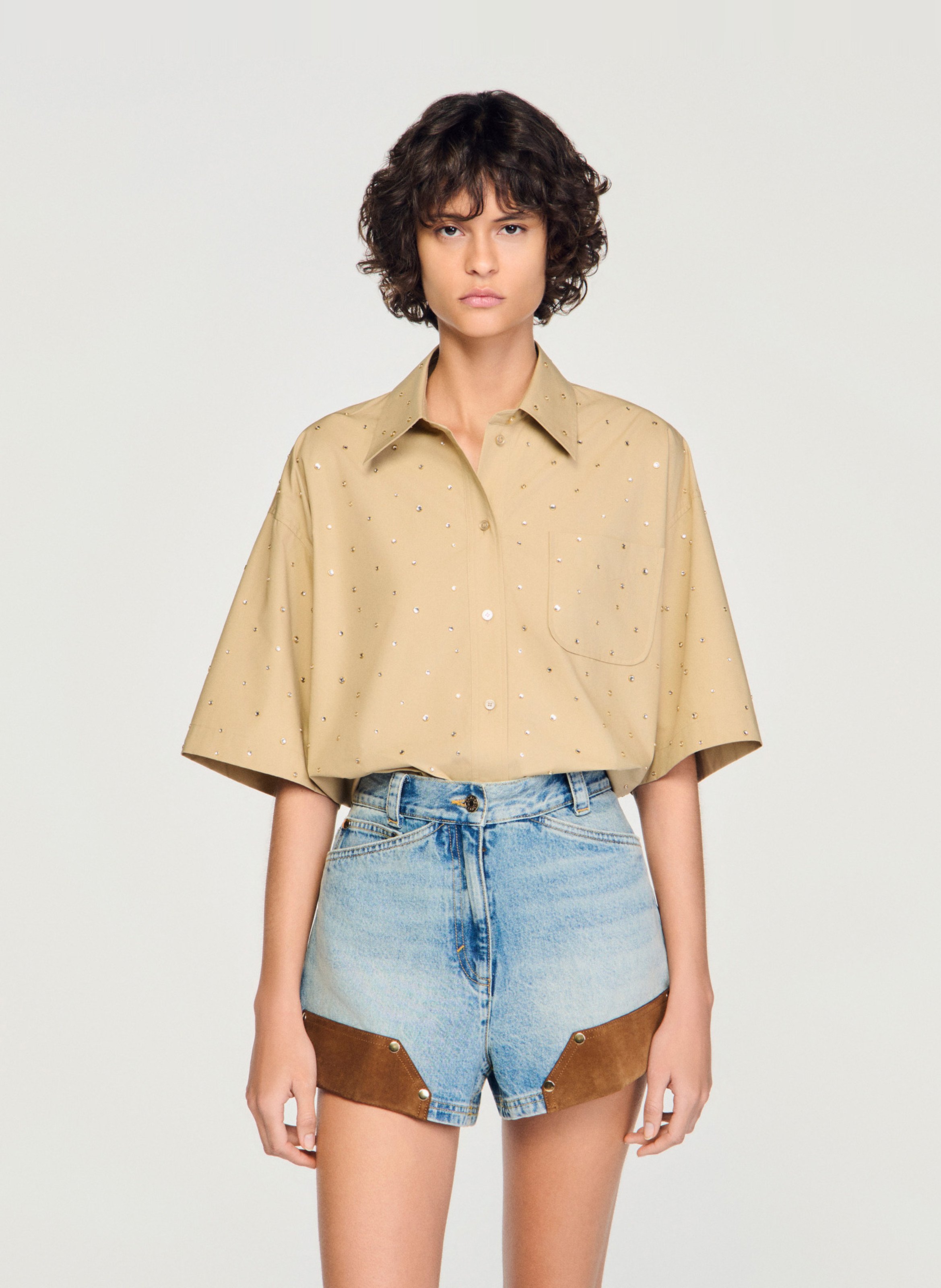 Wijdvallende korte blouse met strass SANDRO Beige