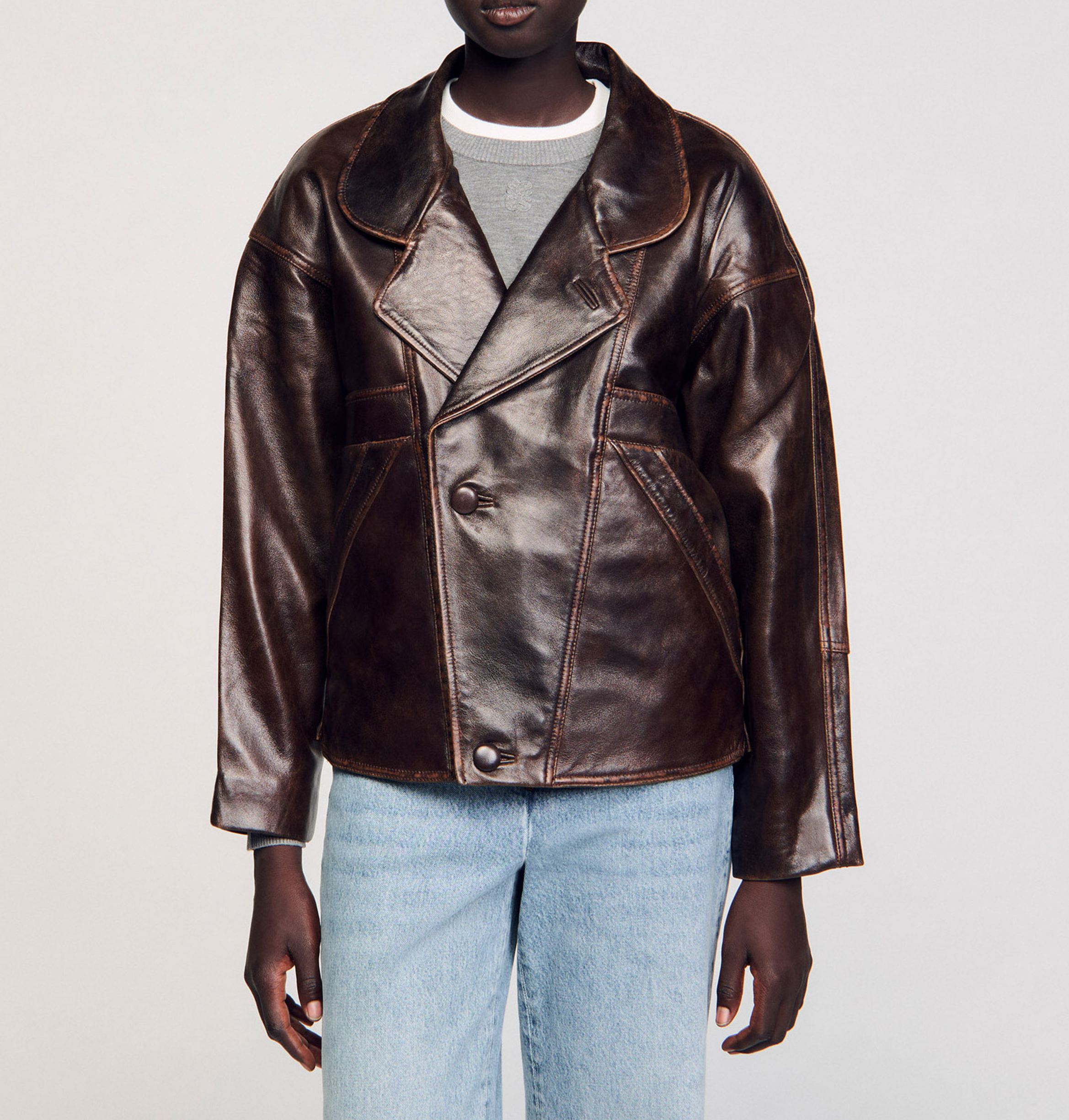 Veste col tailleur en cuir SANDRO Marron