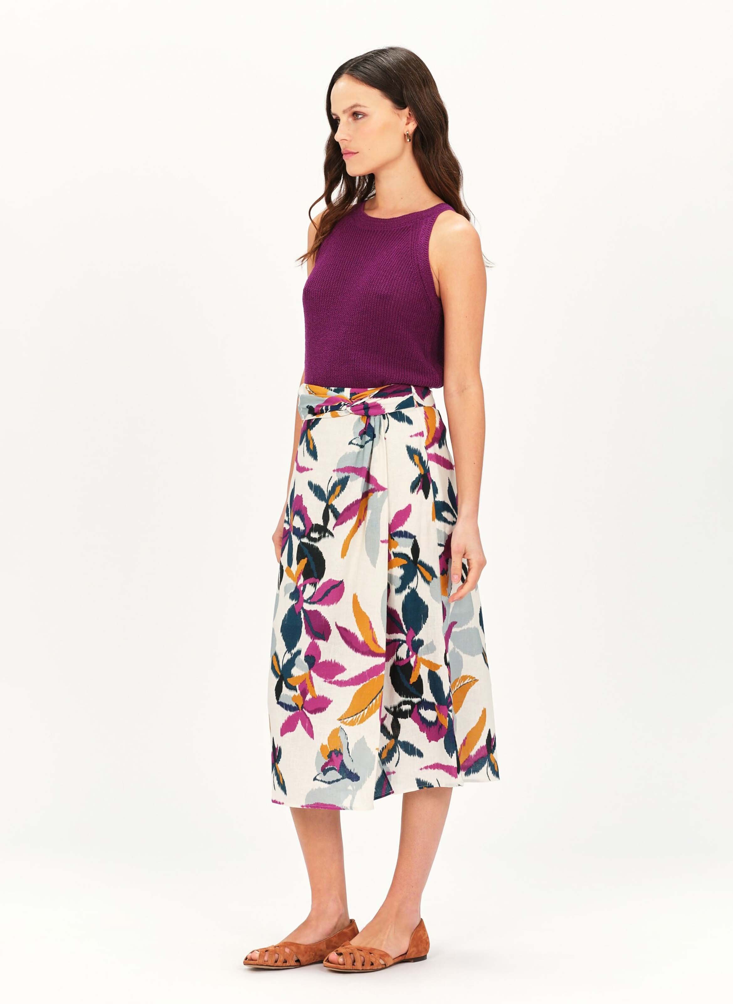 Printed linen-blend midi skirt CAROLL Plums