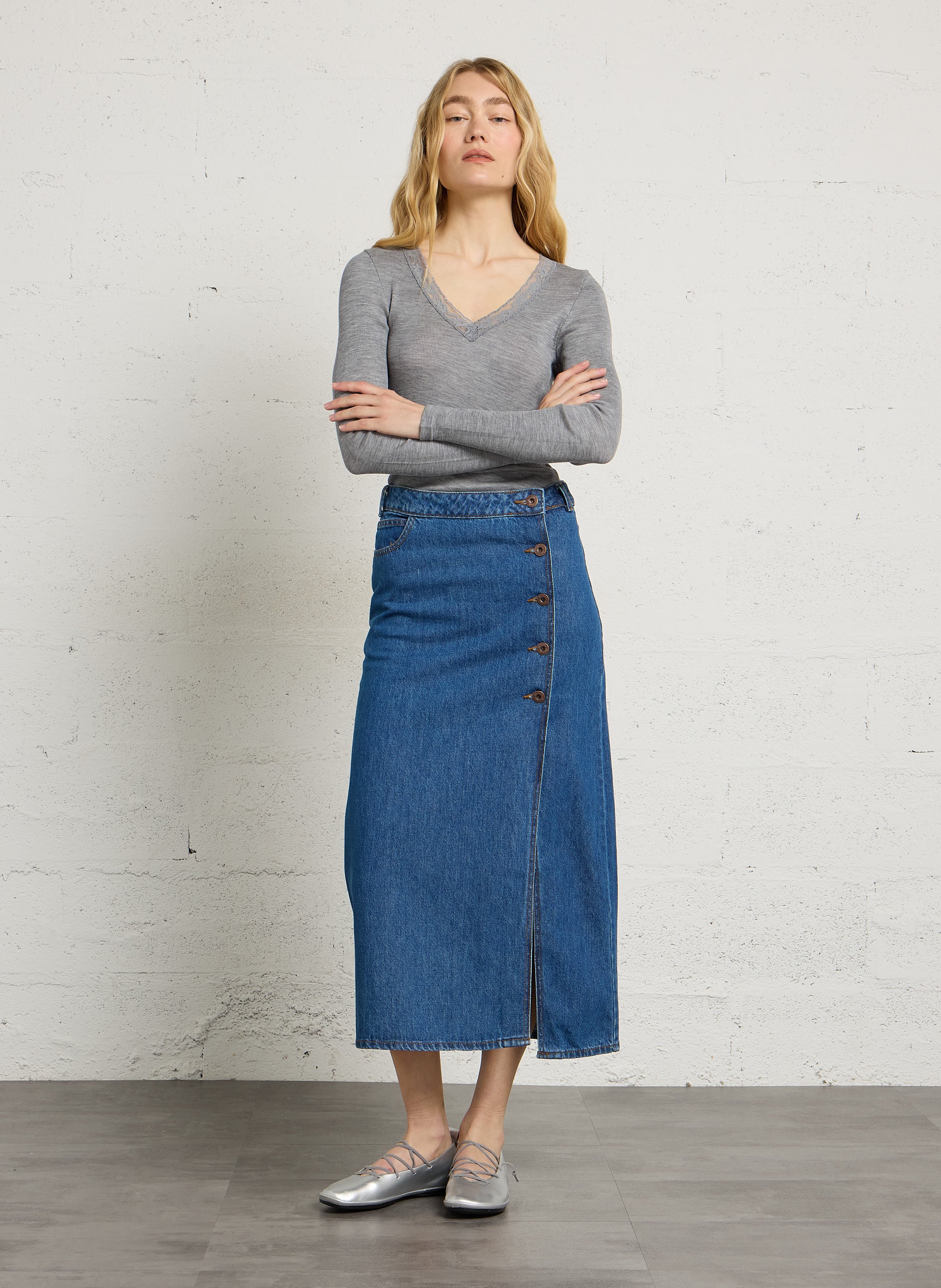 Jupe denim droite en coton BILLABONG Bleu