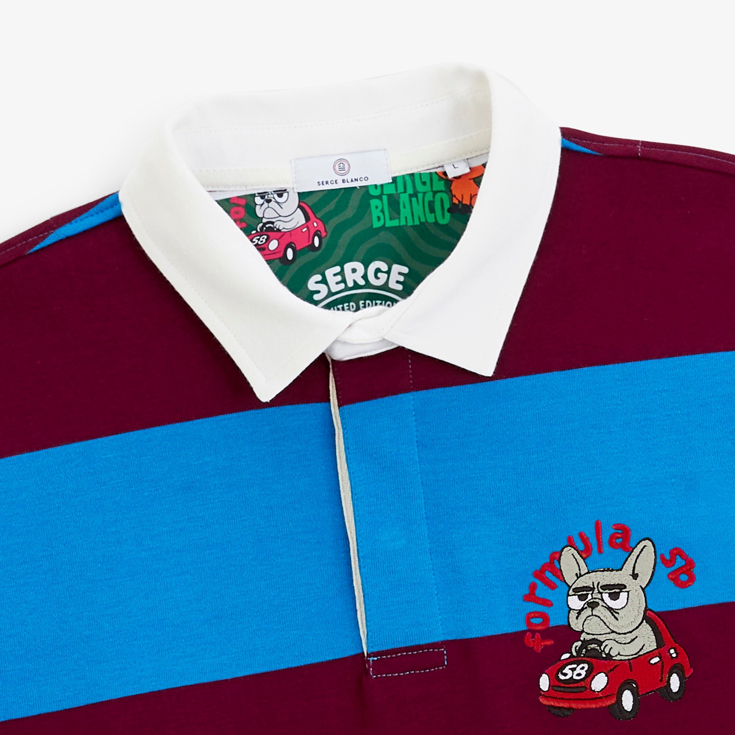 Striped long-sleeved rugby polo shirt with Funky Animals embroidery in wine red SERGE BLANCO Red