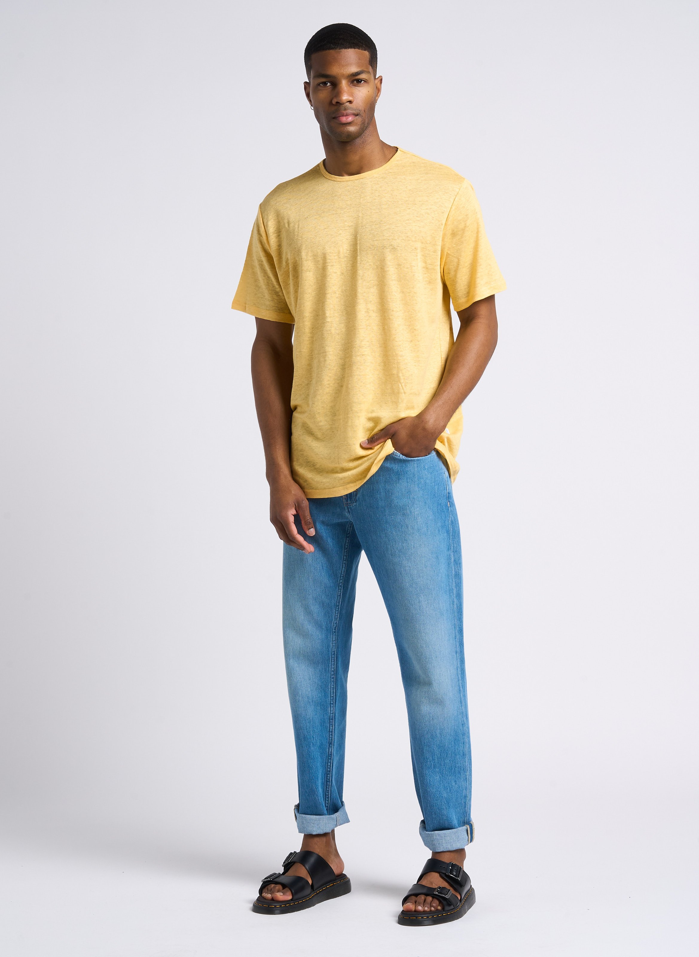 Linnen T-shirt met ronde hals SELECTED Geel