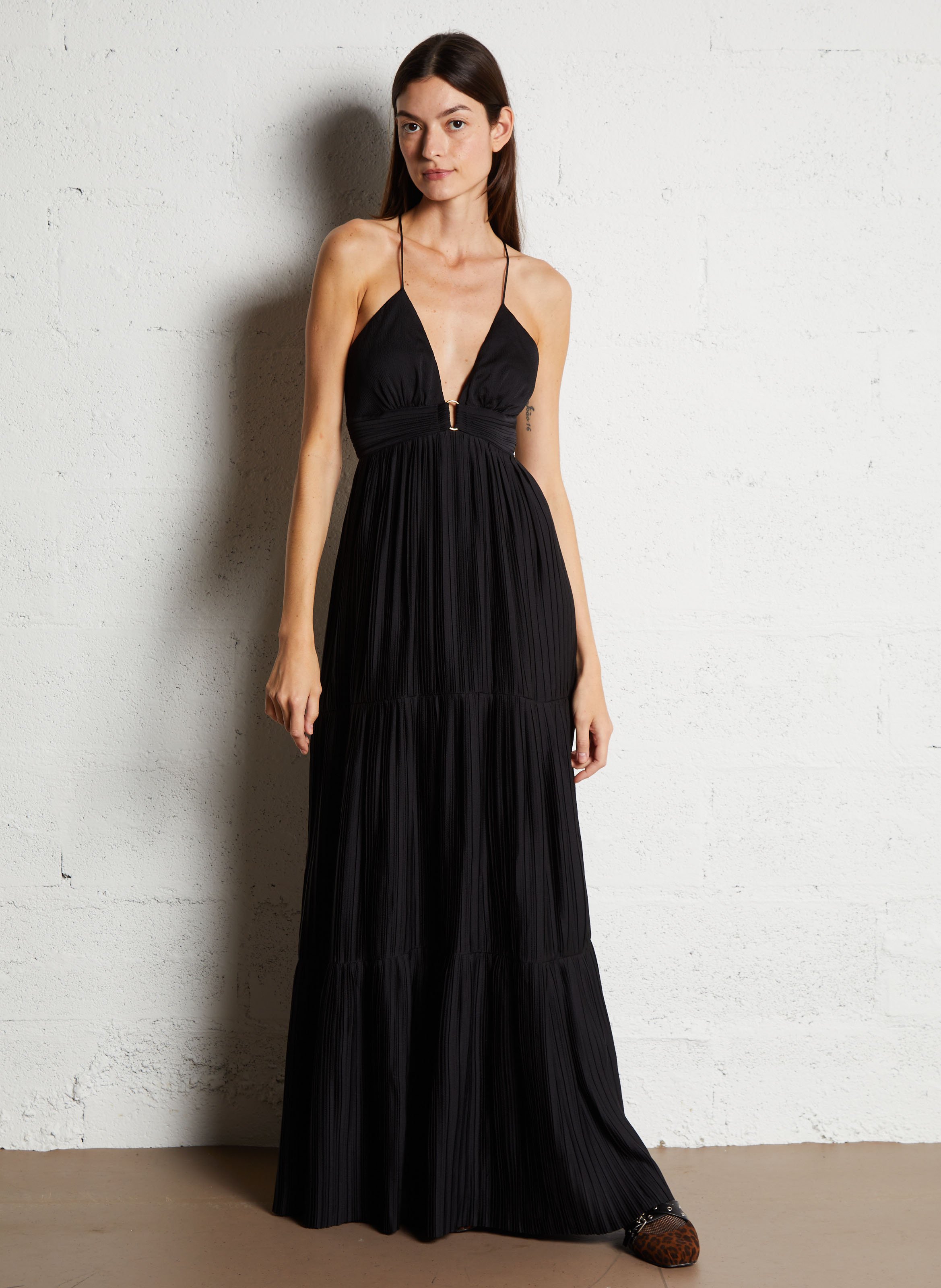 Robe longue col V plissée BA&SH Noir