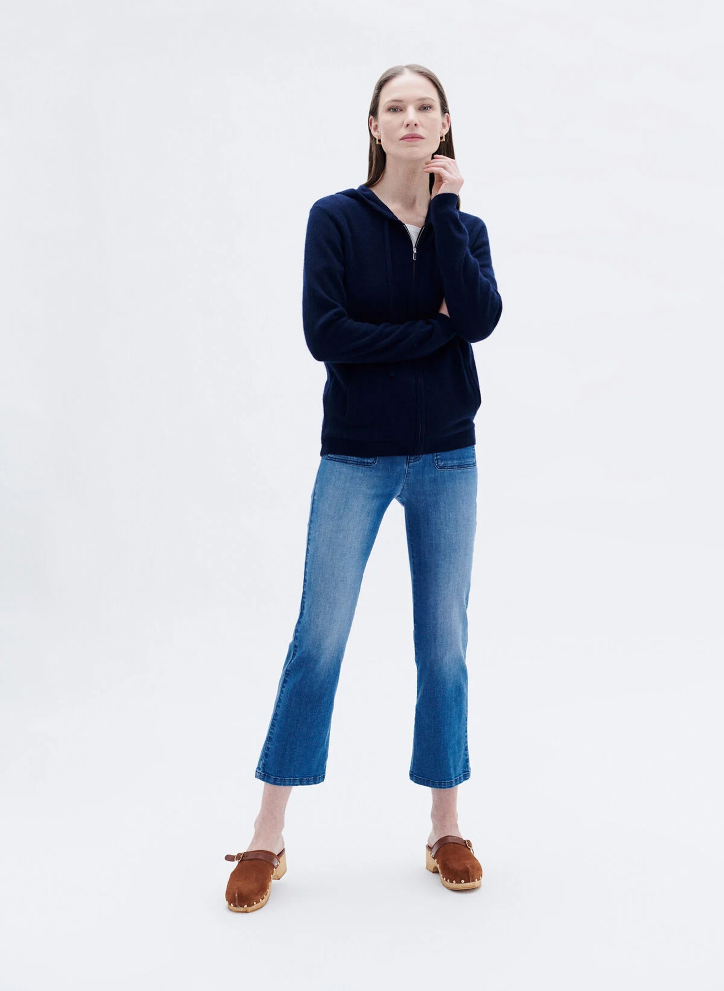 Straight wool and cashmere hooded cardigan CAROLL Blue