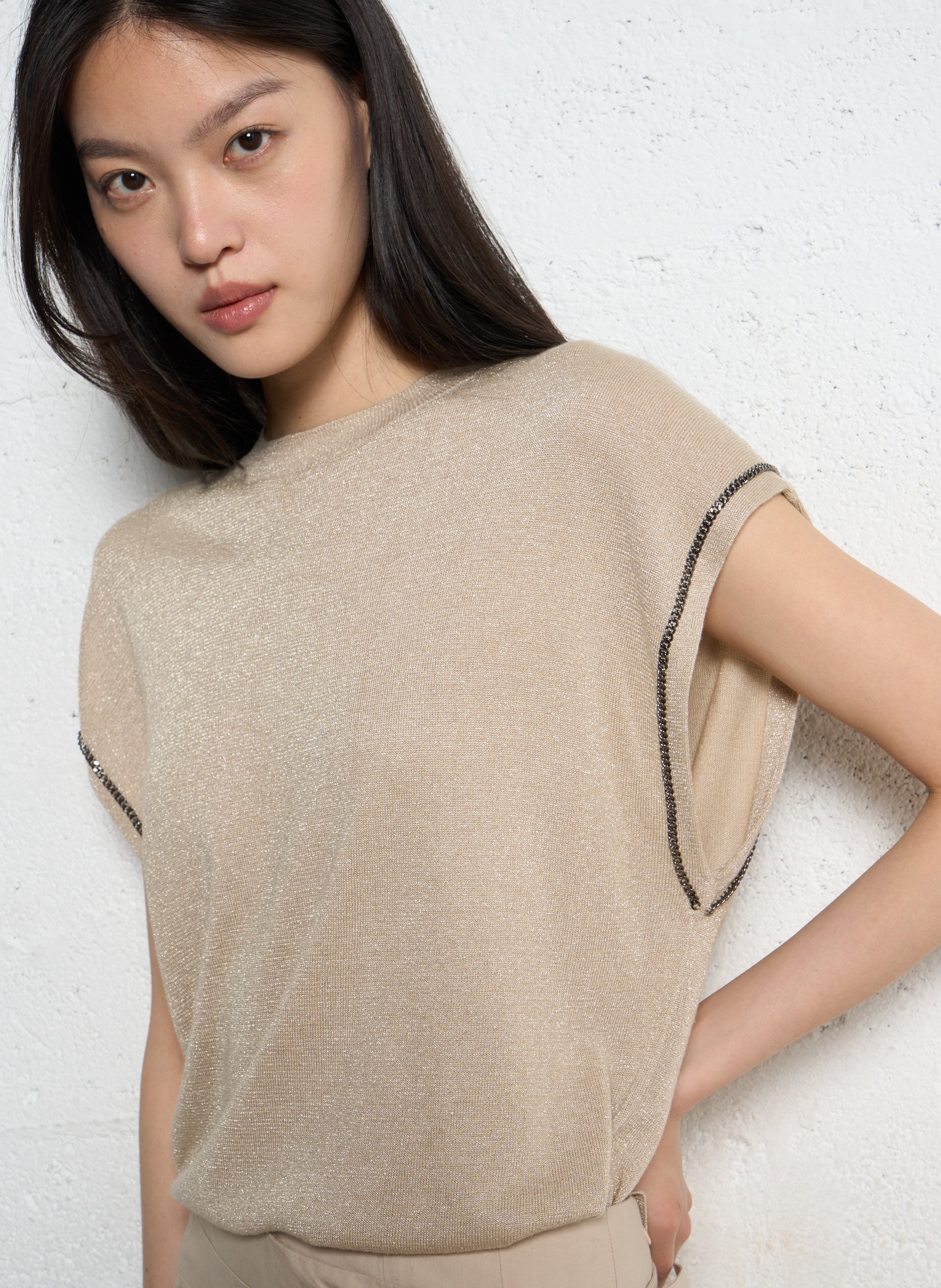 Ärmelloses gerade geschnittenes Top mit Pailletten IKKS Beige