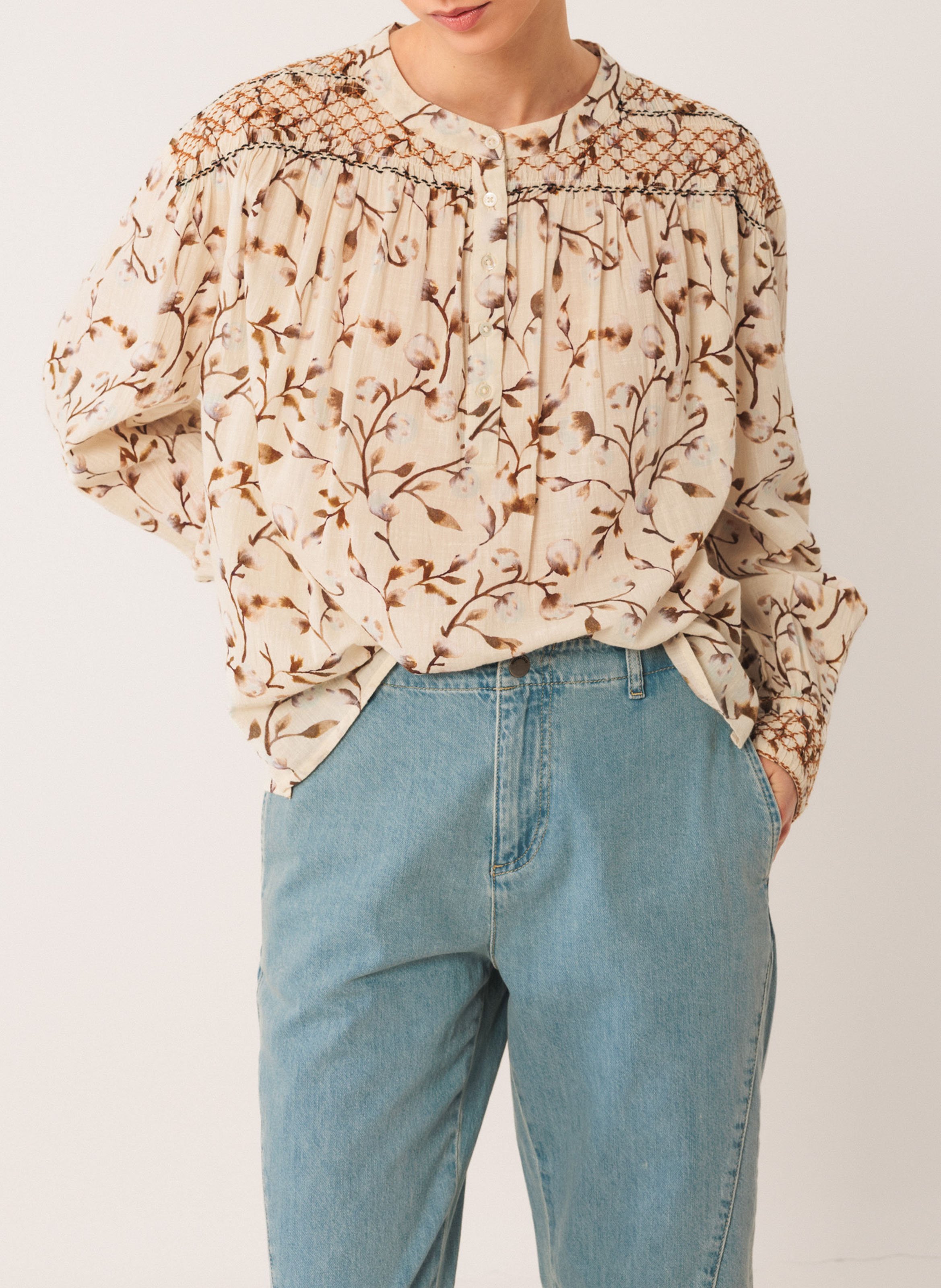 Loose-fit cotton blouse with round neck INDI &amp; COLD Brown