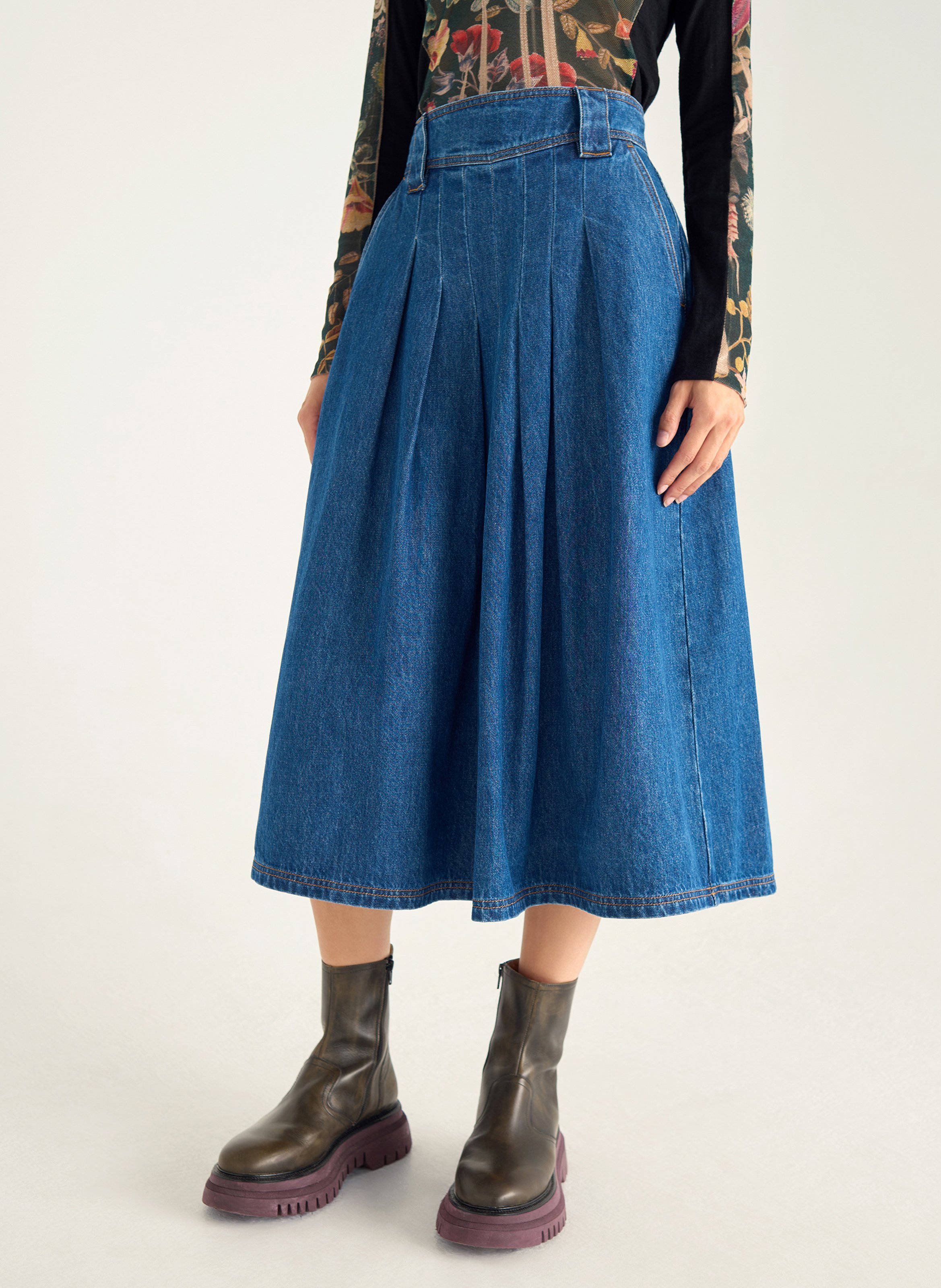 Jupe évasée taille haute en jean COTELAC Bleu