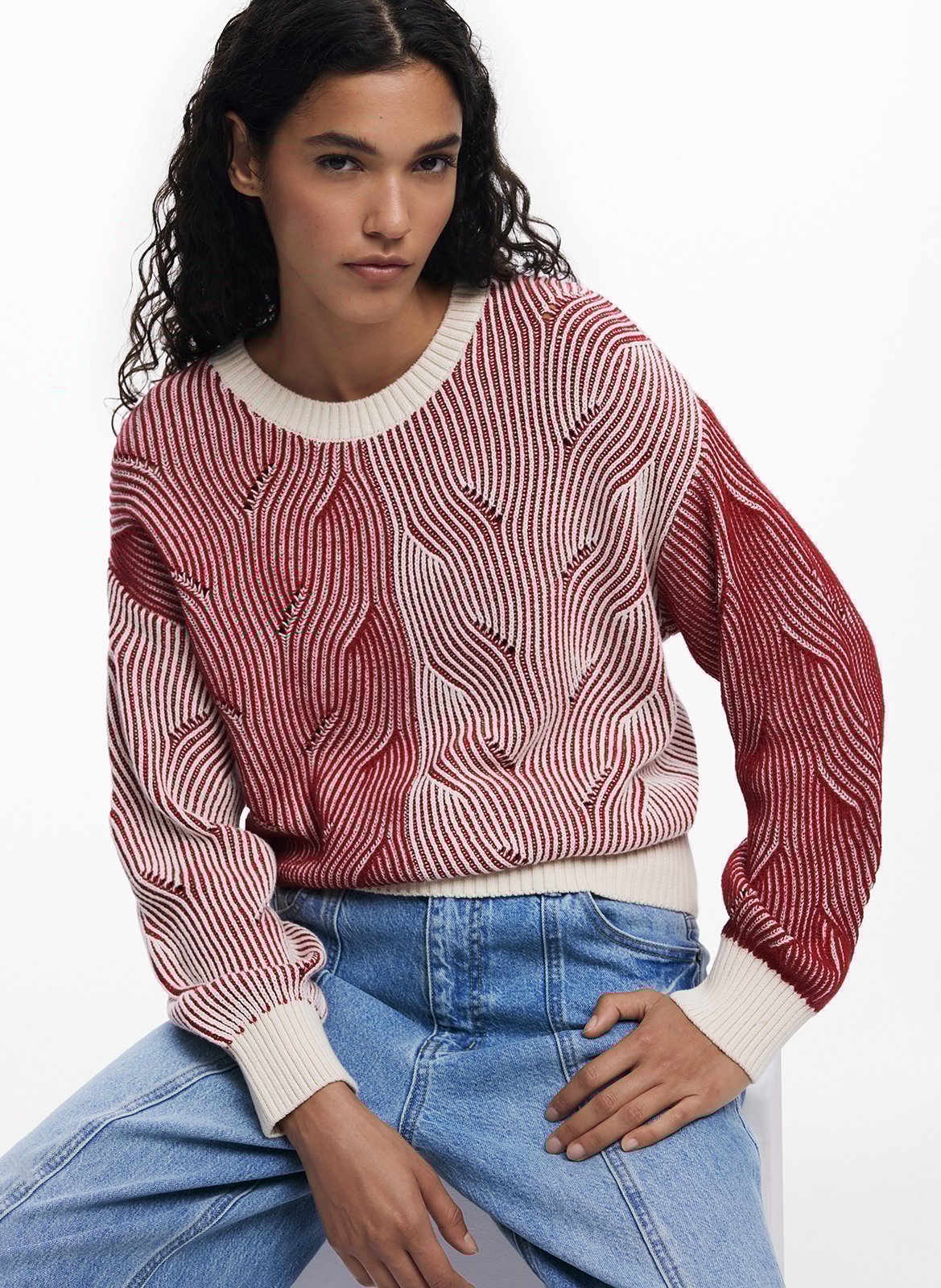 Jersey de cuello redondo con estampado en relieve bicolor. DESIGUAL Rojo