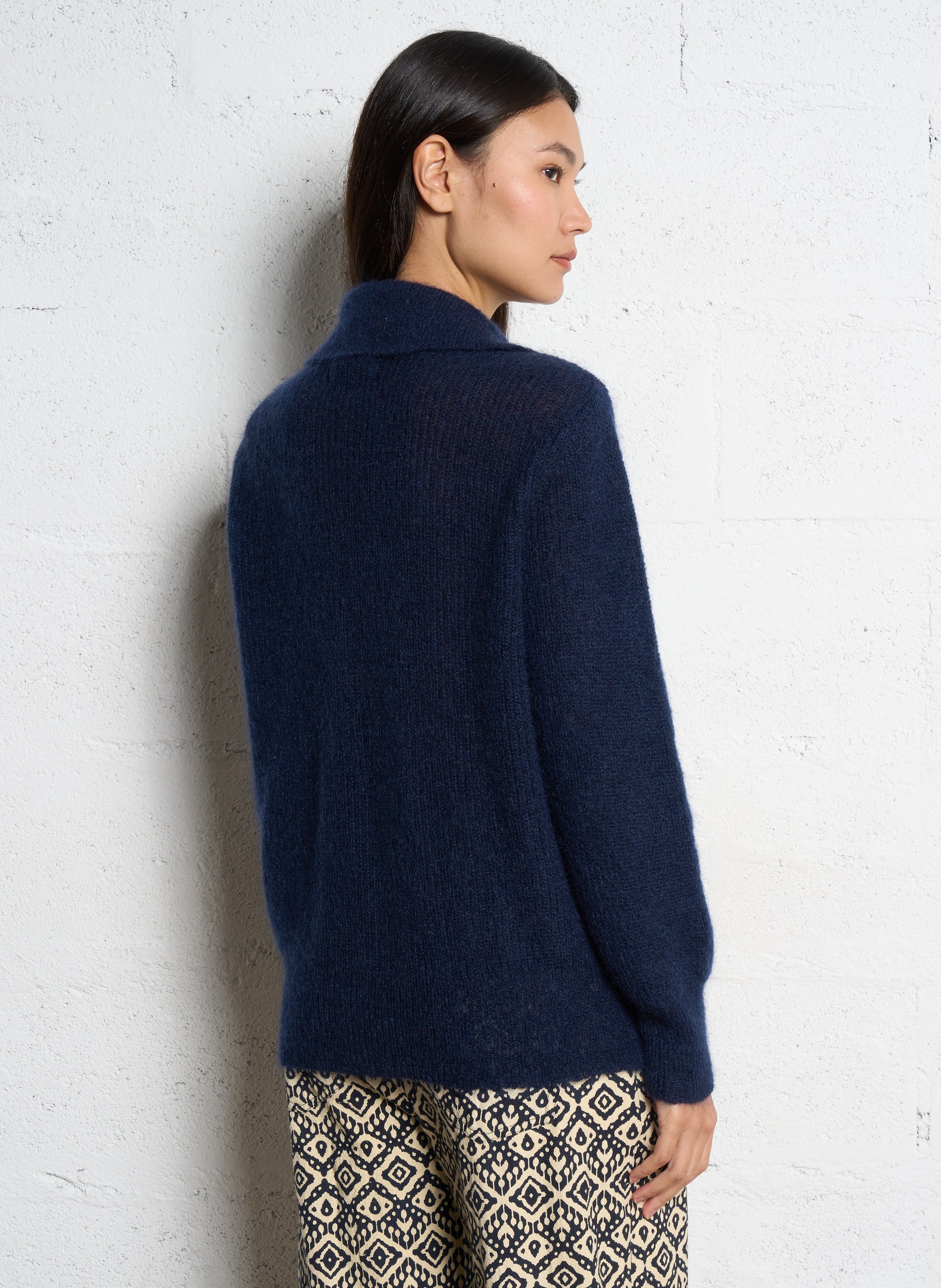 Cardigan col classique en laine mélangée LEON & HARPER Bleu