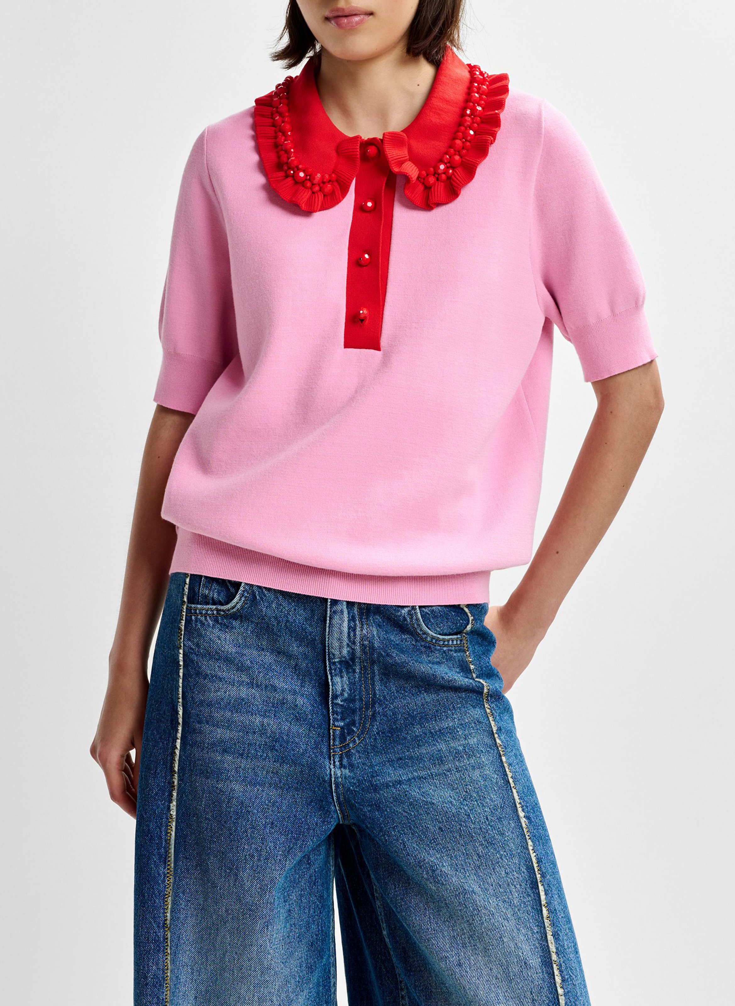 Short-sleeved plain polo with ruffles ESSENTIEL ANTWERP Pink