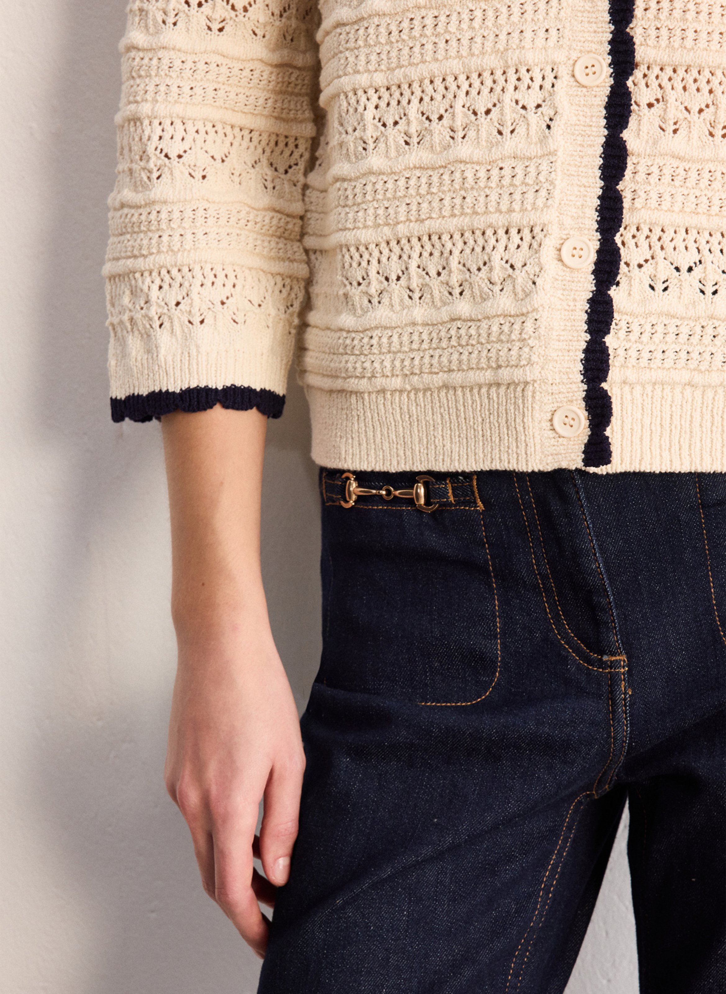 Gilet droit col classique en coton mélangé ajouré PABLO Beige